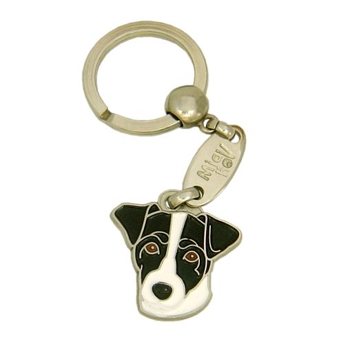 <h3>Custom personalized dog name tag Russell terrier black and white</h3>
This unique, cute and quality dog id tag is offered with laser-engraved name and phone number or your custom text. It comes with a stainless steel split ring for easy attachment to your pet’s collar. All items are also available as keychains.
A perfect gift for dogs and dog lovers.

<strong>Color:</strong> colored/silver
<strong>Size:</strong> 28 x 29 mm (1.10 x 1.14 inch)
<strong>Engraving area:</strong> 17 x 12 mm (0.67 x 0.47 inch); recommended layout up to 4 lines, 15 characters per line.

Laser engraving on the back side is included in the price. Please enter the text you would like engraved (recommended: dog’s name and phone number). The engraving will be centered and easy to read. 
<strong>Important:</strong> If you exceed the recommended text length, the engraving will be significantly smaller and may become difficult to read. For best readability, we strongly recommend keeping the text short and clear.

Metal, chrome plated dog tag or key ring. 
Hand made, hand colored, made in Slovenia. 

In stock.

<h3>About the breed – Russell terrier black and white</h3>
<section>
<h2>Russell Terrier (Jack Russell Terrier): Characteristics & Care</h2>
<p>The <strong>Russell Terrier</strong> (Jack Russell Terrier) is a small, energetic, and extremely persistent dog breed originating from England. It belongs to the <strong>FCI Group 3 (Terriers)</strong>. Originally bred as a <strong>hunting dog</strong>, it is known for its speed, courage, and unstoppable desire to explore.</p>
<h3>Temperament and Family Life</h3>
<p>Russell Terriers are lively, intelligent, and strongly attached to their owners, making them excellent family dogs that get along well with children. They are <strong>alert and attentive</strong>, which makes them good little watchdogs while remaining playful and friendly. Their strong personality and curiosity require consistent training and sufficient mental stimulation.</p>
<h3>Physical Requirements & Exercise</h3>
<p>To live a healthy and happy life, a Russell Terrier needs:</p>
<ul>
    <li><strong>Daily Exercise:</strong> Plenty of activity, play, and running.</li>
    <li><strong>Environment:</strong> An active household with opportunities to explore.</li>
    <li><strong>Grooming:</strong> Easy maintenance of the short or rough <strong>double coat</strong>.</li>
</ul>
<p><strong>Pro Tip:</strong> A <strong>personalized engraved dog tag</strong> highlights the lively character of your Russell Terrier while serving as a stylish and practical accessory.</p>
</section>
