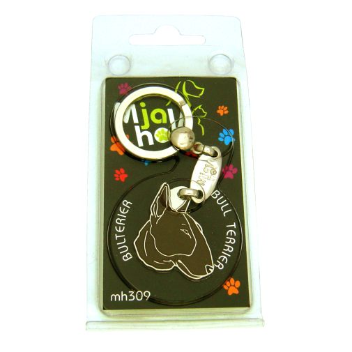 <h3>Custom personalized dog name tag Bull terrier brindle</h3>
This unique, cute and quality dog id tag is offered with laser-engraved name and phone number or your custom text. It comes with a stainless steel split ring for easy attachment to your pet’s collar. All items are also available as keychains.
A perfect gift for dogs and dog lovers.

<strong>Color:</strong> colored/silver
<strong>Size:</strong> 30 x 32 mm (1.18 x 1.26 inch)
<strong>Engraving area:</strong> 20 x 12 mm (0.79 x 0.47 inch); recommended layout up to 4 lines, 15 characters per line.

Laser engraving on the back side is included in the price. Please enter the text you would like engraved (recommended: dog’s name and phone number). The engraving will be centered and easy to read. 
<strong>Important:</strong> If you exceed the recommended text length, the engraving will be significantly smaller and may become difficult to read. For best readability, we strongly recommend keeping the text short and clear.

Metal, chrome plated dog tag or key ring. 
Hand made, hand colored, made in Slovenia. 

In stock.

<h3>About the breed – Bull terrier brindle</h3>
<section>
<h2>Bull Terrier: Characteristics & Care</h2>
<p>The <strong>Bull Terrier</strong> is a strong, energetic, and highly recognizable dog breed originating from England. It belongs to the <strong>FCI Group 3 (Terriers)</strong>. Originally bred as a <strong>persistent and courageous dog</strong>, it is now a popular family companion known for its unique head shape and playful personality.</p>
<h3>Temperament and Family Life</h3>
<p>Bull Terriers are affectionate, loyal, and often very attached to their families, getting along well with children and enjoying family activities. They are <strong>alert, brave, and confident</strong>, which makes them good watchdogs while maintaining a friendly and playful nature. Their energy and stubbornness require consistent training, but with the right approach they become extremely fun and devoted companions.</p>
<h3>Physical Requirements & Exercise</h3>
<p>To live a healthy and happy life, a Bull Terrier needs:</p>
<ul>
    <li><strong>Daily Exercise:</strong> Plenty of activity, play, and mental stimulation.</li>
    <li><strong>Environment:</strong> An active environment with enough space to move.</li>
    <li><strong>Grooming:</strong> Minimal care of the short, dense <strong>coat</strong>.</li>
</ul>
<p><strong>Pro Tip:</strong> A <strong>personalized engraved dog tag</strong> highlights the unique and bold appearance of your Bull Terrier while serving as a stylish and practical accessory.</p>
</section>

