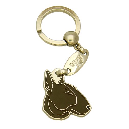 <h3>Custom personalized dog name tag Bull terrier brindle</h3>
This unique, cute and quality dog id tag is offered with laser-engraved name and phone number or your custom text. It comes with a stainless steel split ring for easy attachment to your pet’s collar. All items are also available as keychains.
A perfect gift for dogs and dog lovers.

<strong>Color:</strong> colored/silver
<strong>Size:</strong> 30 x 32 mm (1.18 x 1.26 inch)
<strong>Engraving area:</strong> 20 x 12 mm (0.79 x 0.47 inch); recommended layout up to 4 lines, 15 characters per line.

Laser engraving on the back side is included in the price. Please enter the text you would like engraved (recommended: dog’s name and phone number). The engraving will be centered and easy to read. 
<strong>Important:</strong> If you exceed the recommended text length, the engraving will be significantly smaller and may become difficult to read. For best readability, we strongly recommend keeping the text short and clear.

Metal, chrome plated dog tag or key ring. 
Hand made, hand colored, made in Slovenia. 

In stock.

<h3>About the breed – Bull terrier brindle</h3>
<section>
<h2>Bull Terrier: Characteristics & Care</h2>
<p>The <strong>Bull Terrier</strong> is a strong, energetic, and highly recognizable dog breed originating from England. It belongs to the <strong>FCI Group 3 (Terriers)</strong>. Originally bred as a <strong>persistent and courageous dog</strong>, it is now a popular family companion known for its unique head shape and playful personality.</p>
<h3>Temperament and Family Life</h3>
<p>Bull Terriers are affectionate, loyal, and often very attached to their families, getting along well with children and enjoying family activities. They are <strong>alert, brave, and confident</strong>, which makes them good watchdogs while maintaining a friendly and playful nature. Their energy and stubbornness require consistent training, but with the right approach they become extremely fun and devoted companions.</p>
<h3>Physical Requirements & Exercise</h3>
<p>To live a healthy and happy life, a Bull Terrier needs:</p>
<ul>
    <li><strong>Daily Exercise:</strong> Plenty of activity, play, and mental stimulation.</li>
    <li><strong>Environment:</strong> An active environment with enough space to move.</li>
    <li><strong>Grooming:</strong> Minimal care of the short, dense <strong>coat</strong>.</li>
</ul>
<p><strong>Pro Tip:</strong> A <strong>personalized engraved dog tag</strong> highlights the unique and bold appearance of your Bull Terrier while serving as a stylish and practical accessory.</p>
</section>
