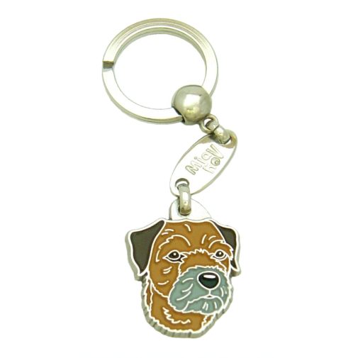 <h3>Custom personalized dog name tag Border terrier</h3>
This unique, cute and quality dog id tag is offered with laser-engraved name and phone number or your custom text. It comes with a stainless steel split ring for easy attachment to your pet’s collar. All items are also available as keychains.
A perfect gift for dogs and dog lovers.

<strong>Color:</strong> colored/silver
<strong>Size:</strong> 26 x 32 mm (1.02 x 1.26 inch)
<strong>Engraving area:</strong> 18 x 18 mm (0.71 x 0.71 inch); recommended layout up to 4 lines, 15 characters per line.

Laser engraving on the back side is included in the price. Please enter the text you would like engraved (recommended: dog’s name and phone number). The engraving will be centered and easy to read. 
<strong>Important:</strong> If you exceed the recommended text length, the engraving will be significantly smaller and may become difficult to read. For best readability, we strongly recommend keeping the text short and clear.

Metal, chrome plated dog tag or key ring. 
Hand made, hand colored, made in Slovenia. 

In stock.

<h3>About the breed – Border terrier</h3>
<section>
<h2>Border Terrier: Breed Characteristics & Care</h2>
<p><strong>Border Terrier</strong> (also known as Border Terrier dog) is a small, hardy, and highly energetic dog breed originating from the border region between England and Scotland. It belongs to the <strong>FCI Group 3 (Terriers)</strong>. Originally bred as a <strong>hunting dog</strong> for tracking foxes, it is known for its persistence, speed, and exceptional adaptability in challenging conditions.</p>
<h3>Temperament and Family Life</h3>
<p>Border Terriers are affectionate family dogs, very good with children and strongly attached to their owners. They are <strong>alert, brave, and intelligent</strong>, which makes them reliable little watchdogs while remaining friendly and sociable. Their playful and lively nature makes them excellent companions for active individuals and families.</p>
<h3>Physical Requirements & Exercise</h3>
<p>To live a healthy and happy life, a Border Terrier needs:</p>
<ul>
    <li><strong>Daily Exercise:</strong> Plenty of activity, play, and exploration.</li>
    <li><strong>Environment:</strong> Thrives in an active home with enough stimulation.</li>
    <li><strong>Grooming:</strong> Regular care of its characteristic <strong>wiry coat</strong>.</li>
</ul>
<p><strong>Pro Tip:</strong> A <strong>personalized engraved dog tag</strong> beautifully highlights the unique and lively personality of your Border Terrier while serving as a stylish and practical accessory.</p>
</section>

