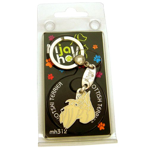 <h3>Custom personalized dog name tag Scottish terrier cream</h3>
This unique, cute and quality dog id tag is offered with laser-engraved name and phone number or your custom text. It comes with a stainless steel split ring for easy attachment to your pet’s collar. All items are also available as keychains.
A perfect gift for dogs and dog lovers.

<strong>Color:</strong> colored/silver
<strong>Size:</strong> 26 x 34 mm (1.02 x 1.34 inch)
<strong>Engraving area:</strong> 20 x 12 mm (0.79 x 0.47 inch); recommended layout up to 3 lines, 15 characters per line.

Laser engraving on the back side is included in the price. Please enter the text you would like engraved (recommended: dog’s name and phone number). The engraving will be centered and easy to read. 
<strong>Important:</strong> If you exceed the recommended text length, the engraving will be significantly smaller and may become difficult to read. For best readability, we strongly recommend keeping the text short and clear.

Metal, chrome plated dog tag or key ring. 
Hand made, hand colored, made in Slovenia. 

In stock.

<h3>About the breed – Scottish terrier cream</h3>
<section>
<h2>Scottish Terrier (Scottie): Characteristics & Care</h2>
<p>The <strong>Scottish Terrier</strong> (also known as Scottie) is a small, sturdy, and highly distinctive dog breed originating from Scotland. It belongs to the <strong>FCI Group 3 (Terriers)</strong>. Originally bred as a <strong>hunting dog</strong> for digging out vermin, it is known for its remarkable persistence, courage, and independent nature.</p>
<h3>Temperament and Family Life</h3>
<p>Scottish Terriers are loyal family dogs that can be good with children when properly socialized and are strongly attached to their owners. They are <strong>alert, confident, and determined</strong>, making them excellent small watchdogs with an impressive presence. Their slightly independent yet affectionate personality requires understanding and consistent training.</p>
<h3>Physical Requirements & Exercise</h3>
<p>To live a healthy and happy life, a Scottish Terrier needs:</p>
<ul>
    <li><strong>Daily Exercise:</strong> Regular walks, playtime, and mental stimulation.</li>
    <li><strong>Environment:</strong> A comfortable home with sufficient attention and activity.</li>
    <li><strong>Grooming:</strong> Regular trimming and care of its distinctive <strong>harsh, wiry coat</strong> and beard.</li>
</ul>
<p><strong>Pro Tip:</strong> A <strong>personalized engraved dog tag</strong> beautifully highlights the iconic and elegant appearance of your Scottish Terrier while serving as a stylish and practical accessory.</p>
</section>
