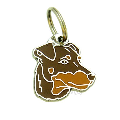 <h3>Custom personalized dog name tag German hunting terrier smooth brown</h3>
This unique, cute and quality dog id tag is offered with laser-engraved name and phone number or your custom text. It comes with a stainless steel split ring for easy attachment to your pet’s collar. All items are also available as keychains.
A perfect gift for dogs and dog lovers.

<strong>Color:</strong> colored/silver
<strong>Size:</strong> 30 x 32 mm (1.18 x 1.26 inch)
<strong>Engraving area:</strong> 18 x 18 mm (0.71 x 0.71 inch); recommended layout up to 4 lines, 15 characters per line.

Laser engraving on the back side is included in the price. Please enter the text you would like engraved (recommended: dog’s name and phone number). The engraving will be centered and easy to read. 
<strong>Important:</strong> If you exceed the recommended text length, the engraving will be significantly smaller and may become difficult to read. For best readability, we strongly recommend keeping the text short and clear.

Metal, chrome plated dog tag or key ring. 
Hand made, hand colored, made in Slovenia. 

In stock.

<h3>About the breed – German hunting terrier smooth brown</h3>
<section>
<h2>Smooth German Hunting Terrier (German Hunting Terrier) Breed Profile: Characteristics & Care</h2>
<p>The <strong>Smooth German Hunting Terrier</strong> (also known as German Hunting Terrier or Smooth-haired Jagdterrier) is a compact, fearless, and highly driven working dog. It belongs to the <strong>FCI Group 3 (Terriers)</strong>. Originally developed in Germany for hunting, it is prized for its determination, intelligence, and versatility in the field. This breed is known for being an excellent watchdog and a highly active companion for experienced owners. It can be a loyal family dog when properly socialized and given enough mental and physical stimulation. Despite its small size, it has a very impressive and bold presence.</p>
<h3>Temperament and Family Life</h3>
<p>Smooth German Hunting Terriers are persistent, courageous, and extremely energetic dogs that thrive in active households. They can be good with children when raised together, but their strong hunting instinct means supervision is important. They are naturally alert and make excellent watchdogs, always attentive to their surroundings. Their independent and determined nature requires consistent training and clear leadership. With the right environment, they become loyal and impressive companions.</p>
<h3>Physical Requirements & Exercise</h3>
<p>This breed requires a high level of daily exercise and mental stimulation to stay balanced and happy.</p>
<ul>
    <li><strong>Daily Exercise:</strong> Intense physical activity, hunting-style games, and long walks.</li>
    <li><strong>Mental Stimulation:</strong> Tracking, scent work, and obedience training.</li>
    <li><strong>Environment:</strong> Best suited for active homes with secure outdoor space.</li>
</ul>
<p><strong>Pro Tip:</strong> A <strong>personalized engraved dog tag</strong> is a stylish way to highlight the bold character of your Jagdterrier while also ensuring safety and identification during outdoor adventures.</p>
</section>
