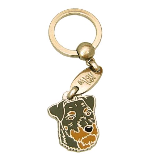 <h3>Custom personalized dog name tag German hunting terrier rough grey</h3>
This unique, cute and quality dog id tag is offered with laser-engraved name and phone number or your custom text. It comes with a stainless steel split ring for easy attachment to your pet’s collar. All items are also available as keychains.
A perfect gift for dogs and dog lovers.

<strong>Color:</strong> colored/silver
<strong>Size:</strong> 21 x 31 mm (0.83 x 1.22 inch)
<strong>Engraving area:</strong> 20 x 15 mm (0.79 x 0.59 inch); recommended layout up to 4 lines, 14 characters per line.

Laser engraving on the back side is included in the price. Please enter the text you would like engraved (recommended: dog’s name and phone number). The engraving will be centered and easy to read. 
<strong>Important:</strong> If you exceed the recommended text length, the engraving will be significantly smaller and may become difficult to read. For best readability, we strongly recommend keeping the text short and clear.

Metal, chrome plated dog tag or key ring. 
Hand made, hand colored, made in Slovenia. 

In stock.

<h3>About the breed – German hunting terrier rough grey</h3>
<section>
<h2>German Hunting Terrier (Rough-Coated): Characteristics & Care</h2>
<p><strong>German Hunting Terrier – rough-coated</strong> (Deutscher Jagdterrier) is a small to medium-sized, extremely resilient and courageous breed originating from Germany. It belongs to the <strong>FCI Group 3 (Terriers)</strong>. It was bred as a <strong>hunting dog</strong>, specialized for underground and above-ground work, known for its rough, wiry coat, strong build, and fearless character.</p>
<h3>Temperament and Family Life</h3>
<p>German Hunting Terriers are very loyal and protective dogs that form a strong bond with their owner and can also live well with a family if properly trained. They are <strong>extremely alert, intelligent, and determined</strong>, making them excellent watchdogs and working dogs, but they require an experienced handler. Their energetic, persistent, and sometimes stubborn nature means they need consistent training and plenty of activity.</p>
<h3>Physical Requirements & Exercise</h3>
<p>For a healthy and balanced life, a German Hunting Terrier needs:</p>
<ul>
    <li><strong>Plenty of exercise:</strong> Intense activity, work, running, and mental stimulation.</li>
    <li><strong>Environment:</strong> An active environment with opportunities to explore, ideal for experienced owners.</li>
    <li><strong>Grooming:</strong> Occasional brushing of the rough, <strong>wiry coat</strong> that is weather-resistant.</li>
</ul>
<p><strong>Pro Tip:</strong> A personalized engraved dog tag is a practical accessory that complements the robust and working appearance of the German Hunting Terrier.</p>
</section>
