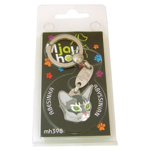 Custom personalized cat name tag Abyssinian blue

This unique, cute and quality cat id tag is offered with laser engraved name and phone no. or your custom text. Stainless steel split ring for easy attachment to your pets collar. All items are also available as keychains.
Gift for cats and cat lovers.

Color: colored/silver
Size: 27 x 26 mm

Engraving area: 20 x 15 mm
Laser engraving personalization on the back side is included in the price. Enter the text you wish to have engraved. Suggestion: cat's name and phone number. We engrave on the back side of the tag. Engraving will be centered and easy to read. If you go over the recommended count then the text becomes smaller, and harder to read.

Metal, chrome plated cat tag or key ring. 
Hand made, hand colored, made in Slovenia. 

In stock.
