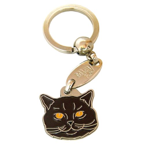 Custom personalized cat name tag British shorthair chocolate

This unique, cute and quality cat id tag is offered with laser engraved name and phone no. or your custom text. Stainless steel split ring for easy attachment to your pets collar. All items are also available as keychains.
Gift for cats and cat lovers.

Color: colored/silver
Size: 26 x 26 mm

Engraving area: 20 x 14 mm
Laser engraving personalization on the back side is included in the price. Enter the text you wish to have engraved. Suggestion: cat's name and phone number. We engrave on the back side of the tag. Engraving will be centered and easy to read. If you go over the recommended count then the text becomes smaller, and harder to read.

Metal, chrome plated cat tag or key ring. 
Hand made, hand colored, made in Slovenia. 

In stock.
