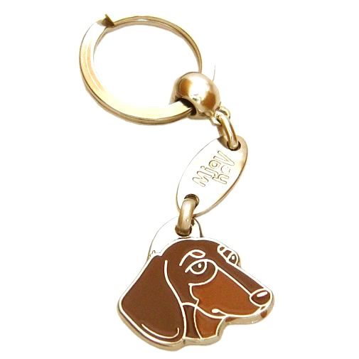 <h3>Custom personalized dog name tag Dachshund brown</h3>
This unique, cute and quality dog id tag is offered with laser-engraved name and phone number or your custom text. It comes with a stainless steel split ring for easy attachment to your pet’s collar. All items are also available as keychains.
A perfect gift for dogs and dog lovers.

<strong>Color:</strong> colored/silver
<strong>Size:</strong> 29 x 28 mm (1.14 x 1.10 inch)
<strong>Engraving area:</strong> 17 x 12 mm (0.67 x 0.47 inch); recommended layout up to 4 lines, 15 characters per line.

Laser engraving on the back side is included in the price. Please enter the text you would like engraved (recommended: dog’s name and phone number). The engraving will be centered and easy to read. 
<strong>Important:</strong> If you exceed the recommended text length, the engraving will be significantly smaller and may become difficult to read. For best readability, we strongly recommend keeping the text short and clear.

Metal, chrome plated dog tag or key ring. 
Hand made, hand colored, made in Slovenia. 

In stock.

<h3>About the breed – Dachshund brown</h3>
The Dachshund (Dackel, Wiener Dog) is a brave, lively, and loyal dog breed originating from Germany. It belongs to <strong>FCI Group 4 (Dachshunds)</strong>. Recognized for its long body and short legs, this unique breed was originally developed for hunting badgers and other burrowing animals. Dachshunds are affectionate family dogs, good with children, and surprisingly alert, making them excellent watchdogs despite their small size. They are active, persistent, and full of character, often showing a strong independent streak. Their distinctive appearance and bold personality make them truly unforgettable companions. A personalized engraved dog tag is a stylish and practical accessory that enhances their charm while ensuring safety.
