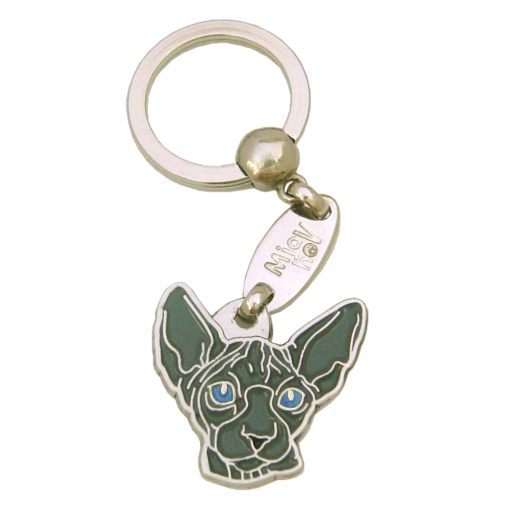 Custom personalized cat name tag Sphynx cat blue, blue eyes

This unique, cute and quality cat id tag is offered with laser engraved name and phone no. or your custom text. Stainless steel split ring for easy attachment to your pets collar. All items are also available as keychains.
Gift for cats and cat lovers.

Color: colored/silver
Size: 30 x 31 mm

Engraving area: 18 x 12 mm
Laser engraving personalization on the back side is included in the price. Enter the text you wish to have engraved. Suggestion: cat's name and phone number. We engrave on the back side of the tag. Engraving will be centered and easy to read. If you go over the recommended count then the text becomes smaller, and harder to read.

Metal, chrome plated cat tag or key ring. 
Hand made, hand colored, made in Slovenia. 

In stock.
