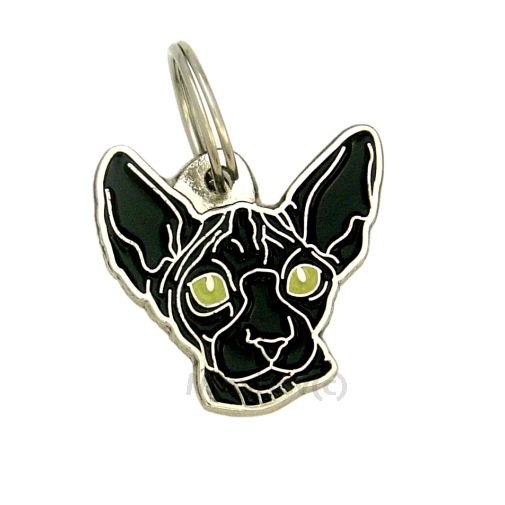 Custom personalized cat name tag Sphynx cat black

This unique, cute and quality cat id tag is offered with laser engraved name and phone no. or your custom text. Stainless steel split ring for easy attachment to your pets collar. All items are also available as keychains.
Gift for cats and cat lovers.

Color: colored/silver
Size: 30 x 31 mm

Engraving area: 18 x 12 mm
Laser engraving personalization on the back side is included in the price. Enter the text you wish to have engraved. Suggestion: cat's name and phone number. We engrave on the back side of the tag. Engraving will be centered and easy to read. If you go over the recommended count then the text becomes smaller, and harder to read.

Metal, chrome plated cat tag or key ring. 
Hand made, hand colored, made in Slovenia. 

In stock.

