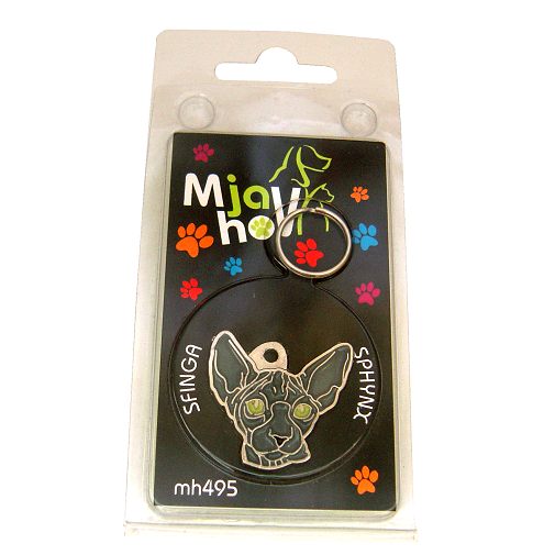 Custom personalized cat name tag Sphynx cat blue

This unique, cute and quality cat id tag is offered with laser engraved name and phone no. or your custom text. Stainless steel split ring for easy attachment to your pets collar. All items are also available as keychains.
Gift for cats and cat lovers.

Color: colored/silver
Size: 30 x 31 mm

Engraving area: 18 x 12 mm
Laser engraving personalization on the back side is included in the price. Enter the text you wish to have engraved. Suggestion: cat's name and phone number. We engrave on the back side of the tag. Engraving will be centered and easy to read. If you go over the recommended count then the text becomes smaller, and harder to read.

Metal, chrome plated cat tag or key ring. 
Hand made, hand colored, made in Slovenia. 

In stock.
