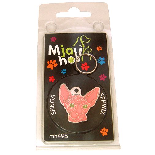 Custom personalized cat name tag Sphynx cat pink

This unique, cute and quality cat id tag is offered with laser engraved name and phone no. or your custom text. Stainless steel split ring for easy attachment to your pets collar. All items are also available as keychains.
Gift for cats and cat lovers.

Color: colored/silver
Size: 30 x 31 mm

Engraving area: 18 x 12 mm
Laser engraving personalization on the back side is included in the price. Enter the text you wish to have engraved. Suggestion: cat's name and phone number. We engrave on the back side of the tag. Engraving will be centered and easy to read. If you go over the recommended count then the text becomes smaller, and harder to read.

Metal, chrome plated cat tag or key ring. 
Hand made, hand colored, made in Slovenia. 

In stock.

