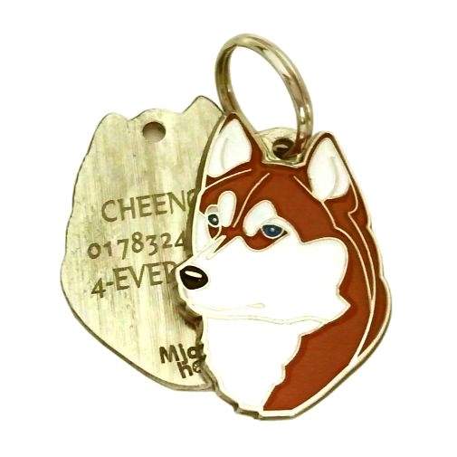 <h3>Custom personalized dog name tag Siberian husky brown</h3>
This unique, cute and quality dog id tag is offered with laser-engraved name and phone number or your custom text. It comes with a stainless steel split ring for easy attachment to your pet’s collar. All items are also available as keychains.
A perfect gift for dogs and dog lovers.

<strong>Color:</strong> colored/silver
<strong>Size:</strong> 26 x 36 mm (1.02 x 1.42 inch)
<strong>Engraving area:</strong> 18 x 22 mm (0.71 x 0.87 inch); recommended layout up to 4 lines, 15 characters per line.

Laser engraving on the back side is included in the price. Please enter the text you would like engraved (recommended: dog’s name and phone number). The engraving will be centered and easy to read. 
<strong>Important:</strong> If you exceed the recommended text length, the engraving will be significantly smaller and may become difficult to read. For best readability, we strongly recommend keeping the text short and clear.

Metal, chrome plated dog tag or key ring. 
Hand made, hand colored, made in Slovenia. 

In stock.

<h3>About the breed – Siberian husky brown</h3>
<section>
<h2>Siberian Husky: Characteristics & Care</h2>
<p>The <strong>Siberian Husky</strong> is a medium-sized, resilient, and energetic dog breed originating from northeastern Asia. It belongs to the <strong>FCI Group 5 (Spitz and Primitive Types)</strong>. It was bred as a <strong>sled dog</strong>, known for its exceptional endurance, speed, and ability to work in harsh weather conditions.</p>
<h3>Temperament and Family Life</h3>
<p>Siberian Huskies are friendly, social, and very attached to people, making them excellent family dogs and great with children. They are <strong>alert, intelligent, and playful</strong>, but not typical watchdogs as they are often friendly toward strangers. Their energetic and independent nature requires consistent training and an active lifestyle.</p>
<h3>Physical Requirements & Exercise</h3>
<p>To live a healthy and happy life, a Siberian Husky needs:</p>
<ul>
    <li><strong>Daily Exercise:</strong> Plenty of running, activity, and mental stimulation.</li>
    <li><strong>Environment:</strong> Space to move and a cooler climate that suits them.</li>
    <li><strong>Grooming:</strong> Regular brushing of the thick <strong>double coat</strong>, especially during shedding.</li>
</ul>
<p><strong>Pro Tip:</strong> A <strong>personalized engraved dog tag</strong> beautifully highlights the sporty and elegant appearance of your Siberian Husky while serving as a practical and stylish accessory.</p>
</section>
