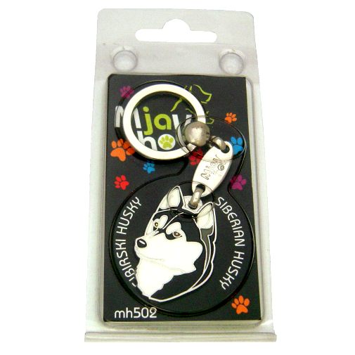 <h3>Custom personalized dog name tag Siberian husky black, brown eyes</h3>
This unique, cute and quality dog id tag is offered with laser-engraved name and phone number or your custom text. It comes with a stainless steel split ring for easy attachment to your pet’s collar. All items are also available as keychains.
A perfect gift for dogs and dog lovers.

<strong>Color:</strong> colored/silver
<strong>Size:</strong> 26 x 36 mm (1.02 x 1.42 inch)
<strong>Engraving area:</strong> 18 x 22 mm (0.71 x 0.87 inch); recommended layout up to 4 lines, 15 characters per line.

Laser engraving on the back side is included in the price. Please enter the text you would like engraved (recommended: dog’s name and phone number). The engraving will be centered and easy to read. 
<strong>Important:</strong> If you exceed the recommended text length, the engraving will be significantly smaller and may become difficult to read. For best readability, we strongly recommend keeping the text short and clear.

Metal, chrome plated dog tag or key ring. 
Hand made, hand colored, made in Slovenia. 

In stock.

<h3>About the breed – Siberian husky black, brown eyes</h3>
<section>
<h2>Siberian Husky: Characteristics & Care</h2>
<p>The <strong>Siberian Husky</strong> is a medium-sized, resilient, and energetic dog breed originating from northeastern Asia. It belongs to the <strong>FCI Group 5 (Spitz and Primitive Types)</strong>. It was bred as a <strong>sled dog</strong>, known for its exceptional endurance, speed, and ability to work in harsh weather conditions.</p>
<h3>Temperament and Family Life</h3>
<p>Siberian Huskies are friendly, social, and very attached to people, making them excellent family dogs and great with children. They are <strong>alert, intelligent, and playful</strong>, but not typical watchdogs as they are often friendly toward strangers. Their energetic and independent nature requires consistent training and an active lifestyle.</p>
<h3>Physical Requirements & Exercise</h3>
<p>To live a healthy and happy life, a Siberian Husky needs:</p>
<ul>
    <li><strong>Daily Exercise:</strong> Plenty of running, activity, and mental stimulation.</li>
    <li><strong>Environment:</strong> Space to move and a cooler climate that suits them.</li>
    <li><strong>Grooming:</strong> Regular brushing of the thick <strong>double coat</strong>, especially during shedding.</li>
</ul>
<p><strong>Pro Tip:</strong> A <strong>personalized engraved dog tag</strong> beautifully highlights the sporty and elegant appearance of your Siberian Husky while serving as a practical and stylish accessory.</p>
</section>
