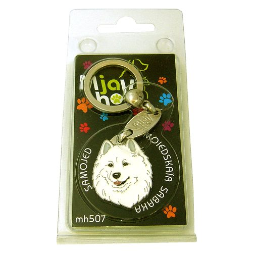 <h3>Custom personalized dog name tag Samoyed</h3>
This unique, cute and quality dog id tag is offered with laser-engraved name and phone number or your custom text. It comes with a stainless steel split ring for easy attachment to your pet’s collar. All items are also available as keychains.
A perfect gift for dogs and dog lovers.

<strong>Color:</strong> colored/silver
<strong>Size:</strong> 27 x 36 mm (1.06 x 1.42 inch)
<strong>Engraving area:</strong> 22 x 18 mm (0.87 x 0.71 inch); recommended layout up to 4 lines, 15 characters per line.

Laser engraving on the back side is included in the price. Please enter the text you would like engraved (recommended: dog’s name and phone number). The engraving will be centered and easy to read. 
<strong>Important:</strong> If you exceed the recommended text length, the engraving will be significantly smaller and may become difficult to read. For best readability, we strongly recommend keeping the text short and clear.

Metal, chrome plated dog tag or key ring. 
Hand made, hand colored, made in Slovenia. 

In stock.

<h3>About the breed – Samoyed</h3>
<section>
<h2>Samoyed Dog Breed Profile: Characteristics & Care</h2>
<p>The <strong>Samoyed</strong> (also known as Samoyed dog) is a friendly, elegant, and impressive Arctic breed known for its iconic “Sammy smile.” It belongs to the <strong>FCI Group 5 (Spitz and Primitive Types)</strong>. Originally bred as a <strong>sled dog</strong> and companion for Siberian nomadic tribes, it is valued for its endurance, strength, and close bond with humans. This breed combines beauty with functionality, featuring a thick white double coat designed for extreme cold conditions.</p>
<h3>Temperament and Family Life</h3>
<p>Samoyeds are affectionate, social, and reliable family dogs that are typically great with children and thrive on companionship. While not aggressive watchdogs, they are <strong>alert, vocal, and attentive</strong>, making them effective at signaling unusual activity. Their strong need for human interaction and <strong>friendly nature</strong> makes them ideal for active families. They are playful, energetic, and persistent, often bringing joy and liveliness to any household.</p>
<h3>Physical Requirements & Exercise</h3>
<p>To keep a Samoyed healthy and happy, owners should provide:</p>
<ul>
    <li><strong>Daily Exercise:</strong> Regular walks, playtime, and mentally engaging activities to match their energy levels.</li>
    <li><strong>Space:</strong> A comfortable environment with enough room to move and explore.</li>
    <li><strong>Grooming:</strong> Frequent brushing to maintain their dense <strong>double coat</strong> and manage shedding.</li>
</ul>
<p><strong>Pro Tip:</strong> A <strong>personalized engraved dog tag</strong> is a stylish and practical accessory that complements the Samoyed’s bright appearance while ensuring everyday safety.</p>
</section>
