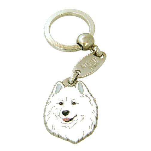 <h3>Custom personalized dog name tag Samoyed</h3>
This unique, cute and quality dog id tag is offered with laser-engraved name and phone number or your custom text. It comes with a stainless steel split ring for easy attachment to your pet’s collar. All items are also available as keychains.
A perfect gift for dogs and dog lovers.

<strong>Color:</strong> colored/silver
<strong>Size:</strong> 27 x 36 mm (1.06 x 1.42 inch)
<strong>Engraving area:</strong> 22 x 18 mm (0.87 x 0.71 inch); recommended layout up to 4 lines, 15 characters per line.

Laser engraving on the back side is included in the price. Please enter the text you would like engraved (recommended: dog’s name and phone number). The engraving will be centered and easy to read. 
<strong>Important:</strong> If you exceed the recommended text length, the engraving will be significantly smaller and may become difficult to read. For best readability, we strongly recommend keeping the text short and clear.

Metal, chrome plated dog tag or key ring. 
Hand made, hand colored, made in Slovenia. 

In stock.

<h3>About the breed – Samoyed</h3>
<section>
<h2>Samoyed Dog Breed Profile: Characteristics & Care</h2>
<p>The <strong>Samoyed</strong> (also known as Samoyed dog) is a friendly, elegant, and impressive Arctic breed known for its iconic “Sammy smile.” It belongs to the <strong>FCI Group 5 (Spitz and Primitive Types)</strong>. Originally bred as a <strong>sled dog</strong> and companion for Siberian nomadic tribes, it is valued for its endurance, strength, and close bond with humans. This breed combines beauty with functionality, featuring a thick white double coat designed for extreme cold conditions.</p>
<h3>Temperament and Family Life</h3>
<p>Samoyeds are affectionate, social, and reliable family dogs that are typically great with children and thrive on companionship. While not aggressive watchdogs, they are <strong>alert, vocal, and attentive</strong>, making them effective at signaling unusual activity. Their strong need for human interaction and <strong>friendly nature</strong> makes them ideal for active families. They are playful, energetic, and persistent, often bringing joy and liveliness to any household.</p>
<h3>Physical Requirements & Exercise</h3>
<p>To keep a Samoyed healthy and happy, owners should provide:</p>
<ul>
    <li><strong>Daily Exercise:</strong> Regular walks, playtime, and mentally engaging activities to match their energy levels.</li>
    <li><strong>Space:</strong> A comfortable environment with enough room to move and explore.</li>
    <li><strong>Grooming:</strong> Frequent brushing to maintain their dense <strong>double coat</strong> and manage shedding.</li>
</ul>
<p><strong>Pro Tip:</strong> A <strong>personalized engraved dog tag</strong> is a stylish and practical accessory that complements the Samoyed’s bright appearance while ensuring everyday safety.</p>
</section>
