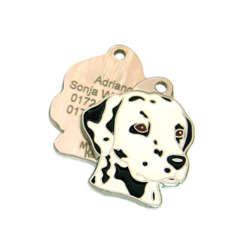 <h3>Custom personalized dog name tag Dalmatian</h3>
This unique, cute and quality dog id tag is offered with laser-engraved name and phone number or your custom text. It comes with a stainless steel split ring for easy attachment to your pet’s collar. All items are also available as keychains.
A perfect gift for dogs and dog lovers.

<strong>Color:</strong> colored/silver
<strong>Size:</strong> 29 x 33 mm (1.14 x 1.30 inch)
<strong>Engraving area:</strong> 20 x 18 mm (0.79 x 0.71 inch); recommended layout up to 4 lines, 15 characters per line.

Laser engraving on the back side is included in the price. Please enter the text you would like engraved (recommended: dog’s name and phone number). The engraving will be centered and easy to read. 
<strong>Important:</strong> If you exceed the recommended text length, the engraving will be significantly smaller and may become difficult to read. For best readability, we strongly recommend keeping the text short and clear.

Metal, chrome plated dog tag or key ring. 
Hand made, hand colored, made in Slovenia. 

In stock.

<h3>About the breed – Dalmatian</h3>
<section>
<h2>Dalmatian Dog Breed Profile: Characteristics & Care</h2>
<p>The <strong>Dalmatian</strong> (also known as Dalmatian dog) is an elegant, energetic, and instantly recognizable breed famous for its unique black or liver-spotted coat. It belongs to the <strong>FCI Group 6 (Scenthounds and Related Breeds)</strong>. Originally bred as a <strong>carriage dog</strong>, it accompanied horses and guarded coaches, showcasing endurance, speed, and alertness. One of its most distinctive traits is its striking spotted pattern, making every Dalmatian truly unique.</p>
<h3>Temperament and Family Life</h3>
<p>Dalmatians are affectionate and loyal family dogs that are generally good with children and thrive in active households. They are <strong>alert, protective, and attentive</strong>, which makes them reliable watchdogs while still being friendly companions. Their high intelligence and playful nature require regular engagement and social interaction. Energetic and persistent, they bring excitement and charm to any family environment.</p>
<h3>Physical Requirements & Exercise</h3>
<p>To keep a Dalmatian healthy and happy, owners should provide:</p>
<ul>
    <li><strong>Daily Exercise:</strong> Plenty of running, walks, and active play sessions.</li>
    <li><strong>Space:</strong> A spacious environment suited for their high energy levels.</li>
    <li><strong>Grooming:</strong> Regular brushing to manage their short coat and shedding.</li>
</ul>
<p><strong>Pro Tip:</strong> A <strong>personalized engraved dog tag</strong> is a stylish and practical accessory that complements the Dalmatian’s iconic look while ensuring safety during everyday adventures.</p>
</section>
