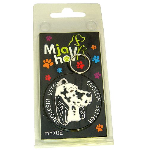 <h3>Custom personalized dog name tag English setter blue belton</h3>
This unique, cute and quality dog id tag is offered with laser-engraved name and phone number or your custom text. It comes with a stainless steel split ring for easy attachment to your pet’s collar. All items are also available as keychains.
A perfect gift for dogs and dog lovers.

<strong>Color:</strong> colored/silver
<strong>Size:</strong> 31 x 35 mm (1.22 x 1.38 inch)
<strong>Engraving area:</strong> 20 x 12 mm (0.79 x 0.47 inch); recommended layout up to 4 lines, 15 characters per line.

Laser engraving on the back side is included in the price. Please enter the text you would like engraved (recommended: dog’s name and phone number). The engraving will be centered and easy to read. 
<strong>Important:</strong> If you exceed the recommended text length, the engraving will be significantly smaller and may become difficult to read. For best readability, we strongly recommend keeping the text short and clear.

Metal, chrome plated dog tag or key ring. 
Hand made, hand colored, made in Slovenia. 

In stock.

<h3>About the breed – English setter blue belton</h3>
<section>
<h2>English Setter: Characteristics & Care</h2>
<p><strong>The English Setter</strong> (English Setter) is an elegant, medium-sized hunting dog originating from the United Kingdom. It belongs to the <strong>FCI Group 7 (Pointing Dogs)</strong> and was bred for locating and pointing game. It is recognizable for its <strong>long, silky and slightly wavy coat</strong> and the distinctive speckled pattern known as “belton”.</p>
<h3>Temperament and Family Life</h3>
<p>English Setters are <strong>friendly, affectionate and sociable dogs</strong> that get along very well with children and other animals. They are <strong>alert, gentle and intelligent</strong>, but usually not aggressive, making them more alert companions than true watchdogs. Their playful and sensitive nature requires plenty of companionship and a positive training approach.</p>
<h3>Physical Requirements & Exercise</h3>
<p>To live a healthy and happy life, an English Setter needs:</p>
<ul>
    <li><strong>Daily Exercise:</strong> Plenty of running, walks, and outdoor activities.</li>
    <li><strong>Environment:</strong> Space to move and an active lifestyle.</li>
    <li><strong>Grooming:</strong> Regular brushing of the long, silky coat and ear care.</li>
</ul>
<p><strong>Pro Tip:</strong> A personalized engraved dog tag complements the elegant appearance of your English Setter while serving as a practical and stylish accessory.</p>
</section>
