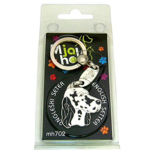 <h3>Custom personalized dog name tag English setter blue belton</h3>
This unique, cute and quality dog id tag is offered with laser-engraved name and phone number or your custom text. It comes with a stainless steel split ring for easy attachment to your pet’s collar. All items are also available as keychains.
A perfect gift for dogs and dog lovers.

<strong>Color:</strong> colored/silver
<strong>Size:</strong> 31 x 35 mm (1.22 x 1.38 inch)
<strong>Engraving area:</strong> 20 x 12 mm (0.79 x 0.47 inch); recommended layout up to 4 lines, 15 characters per line.

Laser engraving on the back side is included in the price. Please enter the text you would like engraved (recommended: dog’s name and phone number). The engraving will be centered and easy to read. 
<strong>Important:</strong> If you exceed the recommended text length, the engraving will be significantly smaller and may become difficult to read. For best readability, we strongly recommend keeping the text short and clear.

Metal, chrome plated dog tag or key ring. 
Hand made, hand colored, made in Slovenia. 

In stock.

<h3>About the breed – English setter blue belton</h3>
<section>
<h2>English Setter: Characteristics & Care</h2>
<p><strong>The English Setter</strong> (English Setter) is an elegant, medium-sized hunting dog originating from the United Kingdom. It belongs to the <strong>FCI Group 7 (Pointing Dogs)</strong> and was bred for locating and pointing game. It is recognizable for its <strong>long, silky and slightly wavy coat</strong> and the distinctive speckled pattern known as “belton”.</p>
<h3>Temperament and Family Life</h3>
<p>English Setters are <strong>friendly, affectionate and sociable dogs</strong> that get along very well with children and other animals. They are <strong>alert, gentle and intelligent</strong>, but usually not aggressive, making them more alert companions than true watchdogs. Their playful and sensitive nature requires plenty of companionship and a positive training approach.</p>
<h3>Physical Requirements & Exercise</h3>
<p>To live a healthy and happy life, an English Setter needs:</p>
<ul>
    <li><strong>Daily Exercise:</strong> Plenty of running, walks, and outdoor activities.</li>
    <li><strong>Environment:</strong> Space to move and an active lifestyle.</li>
    <li><strong>Grooming:</strong> Regular brushing of the long, silky coat and ear care.</li>
</ul>
<p><strong>Pro Tip:</strong> A personalized engraved dog tag complements the elegant appearance of your English Setter while serving as a practical and stylish accessory.</p>
</section>
