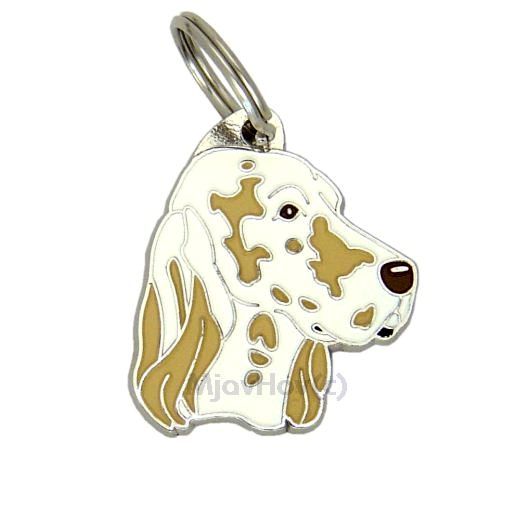 <h3>Custom personalized dog name tag English setter lemon belton</h3>
This unique, cute and quality dog id tag is offered with laser-engraved name and phone number or your custom text. It comes with a stainless steel split ring for easy attachment to your pet’s collar. All items are also available as keychains.
A perfect gift for dogs and dog lovers.

<strong>Color:</strong> colored/silver
<strong>Size:</strong> 31 x 35 mm (1.22 x 1.38 inch)
<strong>Engraving area:</strong> 20 x 12 mm (0.79 x 0.47 inch); recommended layout up to 4 lines, 15 characters per line.

Laser engraving on the back side is included in the price. Please enter the text you would like engraved (recommended: dog’s name and phone number). The engraving will be centered and easy to read. 
<strong>Important:</strong> If you exceed the recommended text length, the engraving will be significantly smaller and may become difficult to read. For best readability, we strongly recommend keeping the text short and clear.

Metal, chrome plated dog tag or key ring. 
Hand made, hand colored, made in Slovenia. 

In stock.

<h3>About the breed – English setter lemon belton</h3>
<section>
<h2>English Setter: Characteristics & Care</h2>
<p><strong>The English Setter</strong> (English Setter) is an elegant, medium-sized hunting dog originating from the United Kingdom. It belongs to the <strong>FCI Group 7 (Pointing Dogs)</strong> and was bred for locating and pointing game. It is recognizable for its <strong>long, silky and slightly wavy coat</strong> and the distinctive speckled pattern known as “belton”.</p>
<h3>Temperament and Family Life</h3>
<p>English Setters are <strong>friendly, affectionate and sociable dogs</strong> that get along very well with children and other animals. They are <strong>alert, gentle and intelligent</strong>, but usually not aggressive, making them more alert companions than true watchdogs. Their playful and sensitive nature requires plenty of companionship and a positive training approach.</p>
<h3>Physical Requirements & Exercise</h3>
<p>To live a healthy and happy life, an English Setter needs:</p>
<ul>
    <li><strong>Daily Exercise:</strong> Plenty of running, walks, and outdoor activities.</li>
    <li><strong>Environment:</strong> Space to move and an active lifestyle.</li>
    <li><strong>Grooming:</strong> Regular brushing of the long, silky coat and ear care.</li>
</ul>
<p><strong>Pro Tip:</strong> A personalized engraved dog tag complements the elegant appearance of your English Setter while serving as a practical and stylish accessory.</p>
</section>
