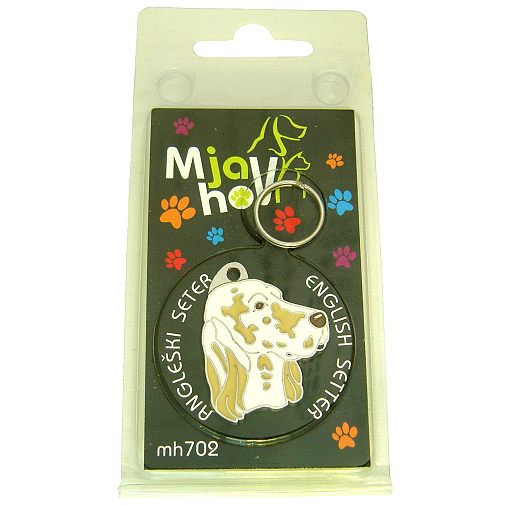 <h3>Custom personalized dog name tag English setter lemon belton</h3>
This unique, cute and quality dog id tag is offered with laser-engraved name and phone number or your custom text. It comes with a stainless steel split ring for easy attachment to your pet’s collar. All items are also available as keychains.
A perfect gift for dogs and dog lovers.

<strong>Color:</strong> colored/silver
<strong>Size:</strong> 31 x 35 mm (1.22 x 1.38 inch)
<strong>Engraving area:</strong> 20 x 12 mm (0.79 x 0.47 inch); recommended layout up to 4 lines, 15 characters per line.

Laser engraving on the back side is included in the price. Please enter the text you would like engraved (recommended: dog’s name and phone number). The engraving will be centered and easy to read. 
<strong>Important:</strong> If you exceed the recommended text length, the engraving will be significantly smaller and may become difficult to read. For best readability, we strongly recommend keeping the text short and clear.

Metal, chrome plated dog tag or key ring. 
Hand made, hand colored, made in Slovenia. 

In stock.

<h3>About the breed – English setter lemon belton</h3>
<section>
<h2>English Setter: Characteristics & Care</h2>
<p><strong>The English Setter</strong> (English Setter) is an elegant, medium-sized hunting dog originating from the United Kingdom. It belongs to the <strong>FCI Group 7 (Pointing Dogs)</strong> and was bred for locating and pointing game. It is recognizable for its <strong>long, silky and slightly wavy coat</strong> and the distinctive speckled pattern known as “belton”.</p>
<h3>Temperament and Family Life</h3>
<p>English Setters are <strong>friendly, affectionate and sociable dogs</strong> that get along very well with children and other animals. They are <strong>alert, gentle and intelligent</strong>, but usually not aggressive, making them more alert companions than true watchdogs. Their playful and sensitive nature requires plenty of companionship and a positive training approach.</p>
<h3>Physical Requirements & Exercise</h3>
<p>To live a healthy and happy life, an English Setter needs:</p>
<ul>
    <li><strong>Daily Exercise:</strong> Plenty of running, walks, and outdoor activities.</li>
    <li><strong>Environment:</strong> Space to move and an active lifestyle.</li>
    <li><strong>Grooming:</strong> Regular brushing of the long, silky coat and ear care.</li>
</ul>
<p><strong>Pro Tip:</strong> A personalized engraved dog tag complements the elegant appearance of your English Setter while serving as a practical and stylish accessory.</p>
</section>
