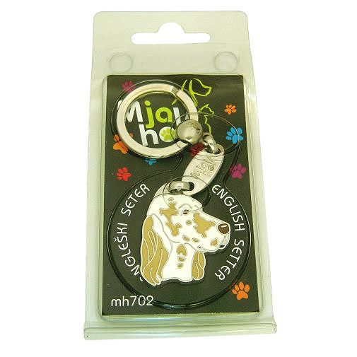 <h3>Custom personalized dog name tag English setter lemon belton</h3>
This unique, cute and quality dog id tag is offered with laser-engraved name and phone number or your custom text. It comes with a stainless steel split ring for easy attachment to your pet’s collar. All items are also available as keychains.
A perfect gift for dogs and dog lovers.

<strong>Color:</strong> colored/silver
<strong>Size:</strong> 31 x 35 mm (1.22 x 1.38 inch)
<strong>Engraving area:</strong> 20 x 12 mm (0.79 x 0.47 inch); recommended layout up to 4 lines, 15 characters per line.

Laser engraving on the back side is included in the price. Please enter the text you would like engraved (recommended: dog’s name and phone number). The engraving will be centered and easy to read. 
<strong>Important:</strong> If you exceed the recommended text length, the engraving will be significantly smaller and may become difficult to read. For best readability, we strongly recommend keeping the text short and clear.

Metal, chrome plated dog tag or key ring. 
Hand made, hand colored, made in Slovenia. 

In stock.

<h3>About the breed – English setter lemon belton</h3>
<section>
<h2>English Setter: Characteristics & Care</h2>
<p><strong>The English Setter</strong> (English Setter) is an elegant, medium-sized hunting dog originating from the United Kingdom. It belongs to the <strong>FCI Group 7 (Pointing Dogs)</strong> and was bred for locating and pointing game. It is recognizable for its <strong>long, silky and slightly wavy coat</strong> and the distinctive speckled pattern known as “belton”.</p>
<h3>Temperament and Family Life</h3>
<p>English Setters are <strong>friendly, affectionate and sociable dogs</strong> that get along very well with children and other animals. They are <strong>alert, gentle and intelligent</strong>, but usually not aggressive, making them more alert companions than true watchdogs. Their playful and sensitive nature requires plenty of companionship and a positive training approach.</p>
<h3>Physical Requirements & Exercise</h3>
<p>To live a healthy and happy life, an English Setter needs:</p>
<ul>
    <li><strong>Daily Exercise:</strong> Plenty of running, walks, and outdoor activities.</li>
    <li><strong>Environment:</strong> Space to move and an active lifestyle.</li>
    <li><strong>Grooming:</strong> Regular brushing of the long, silky coat and ear care.</li>
</ul>
<p><strong>Pro Tip:</strong> A personalized engraved dog tag complements the elegant appearance of your English Setter while serving as a practical and stylish accessory.</p>
</section>
