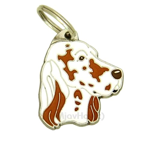 <h3>Custom personalized dog name tag English setter orange belton</h3>
This unique, cute and quality dog id tag is offered with laser-engraved name and phone number or your custom text. It comes with a stainless steel split ring for easy attachment to your pet’s collar. All items are also available as keychains.
A perfect gift for dogs and dog lovers.

<strong>Color:</strong> colored/silver
<strong>Size:</strong> 31 x 35 mm (1.22 x 1.38 inch)
<strong>Engraving area:</strong> 20 x 12 mm (0.79 x 0.47 inch); recommended layout up to 4 lines, 15 characters per line.

Laser engraving on the back side is included in the price. Please enter the text you would like engraved (recommended: dog’s name and phone number). The engraving will be centered and easy to read. 
<strong>Important:</strong> If you exceed the recommended text length, the engraving will be significantly smaller and may become difficult to read. For best readability, we strongly recommend keeping the text short and clear.

Metal, chrome plated dog tag or key ring. 
Hand made, hand colored, made in Slovenia. 

In stock.

<h3>About the breed – English setter orange belton</h3>
<section>
<h2>English Setter: Characteristics & Care</h2>
<p><strong>The English Setter</strong> (English Setter) is an elegant, medium-sized hunting dog originating from the United Kingdom. It belongs to the <strong>FCI Group 7 (Pointing Dogs)</strong> and was bred for locating and pointing game. It is recognizable for its <strong>long, silky and slightly wavy coat</strong> and the distinctive speckled pattern known as “belton”.</p>
<h3>Temperament and Family Life</h3>
<p>English Setters are <strong>friendly, affectionate and sociable dogs</strong> that get along very well with children and other animals. They are <strong>alert, gentle and intelligent</strong>, but usually not aggressive, making them more alert companions than true watchdogs. Their playful and sensitive nature requires plenty of companionship and a positive training approach.</p>
<h3>Physical Requirements & Exercise</h3>
<p>To live a healthy and happy life, an English Setter needs:</p>
<ul>
    <li><strong>Daily Exercise:</strong> Plenty of running, walks, and outdoor activities.</li>
    <li><strong>Environment:</strong> Space to move and an active lifestyle.</li>
    <li><strong>Grooming:</strong> Regular brushing of the long, silky coat and ear care.</li>
</ul>
<p><strong>Pro Tip:</strong> A personalized engraved dog tag complements the elegant appearance of your English Setter while serving as a practical and stylish accessory.</p>
</section>
