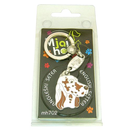 <h3>Custom personalized dog name tag English setter orange belton</h3>
This unique, cute and quality dog id tag is offered with laser-engraved name and phone number or your custom text. It comes with a stainless steel split ring for easy attachment to your pet’s collar. All items are also available as keychains.
A perfect gift for dogs and dog lovers.

<strong>Color:</strong> colored/silver
<strong>Size:</strong> 31 x 35 mm (1.22 x 1.38 inch)
<strong>Engraving area:</strong> 20 x 12 mm (0.79 x 0.47 inch); recommended layout up to 4 lines, 15 characters per line.

Laser engraving on the back side is included in the price. Please enter the text you would like engraved (recommended: dog’s name and phone number). The engraving will be centered and easy to read. 
<strong>Important:</strong> If you exceed the recommended text length, the engraving will be significantly smaller and may become difficult to read. For best readability, we strongly recommend keeping the text short and clear.

Metal, chrome plated dog tag or key ring. 
Hand made, hand colored, made in Slovenia. 

In stock.

<h3>About the breed – English setter orange belton</h3>
<section>
<h2>English Setter: Characteristics & Care</h2>
<p><strong>The English Setter</strong> (English Setter) is an elegant, medium-sized hunting dog originating from the United Kingdom. It belongs to the <strong>FCI Group 7 (Pointing Dogs)</strong> and was bred for locating and pointing game. It is recognizable for its <strong>long, silky and slightly wavy coat</strong> and the distinctive speckled pattern known as “belton”.</p>
<h3>Temperament and Family Life</h3>
<p>English Setters are <strong>friendly, affectionate and sociable dogs</strong> that get along very well with children and other animals. They are <strong>alert, gentle and intelligent</strong>, but usually not aggressive, making them more alert companions than true watchdogs. Their playful and sensitive nature requires plenty of companionship and a positive training approach.</p>
<h3>Physical Requirements & Exercise</h3>
<p>To live a healthy and happy life, an English Setter needs:</p>
<ul>
    <li><strong>Daily Exercise:</strong> Plenty of running, walks, and outdoor activities.</li>
    <li><strong>Environment:</strong> Space to move and an active lifestyle.</li>
    <li><strong>Grooming:</strong> Regular brushing of the long, silky coat and ear care.</li>
</ul>
<p><strong>Pro Tip:</strong> A personalized engraved dog tag complements the elegant appearance of your English Setter while serving as a practical and stylish accessory.</p>
</section>
