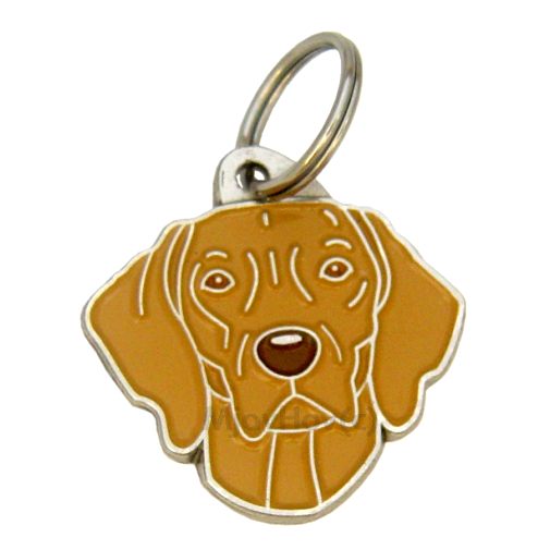 <h3>Custom personalized dog name tag Weimaraner brown</h3>
This unique, cute and quality dog id tag is offered with laser-engraved name and phone number or your custom text. It comes with a stainless steel split ring for easy attachment to your pet’s collar. All items are also available as keychains.
A perfect gift for dogs and dog lovers.

<strong>Color:</strong> colored/silver
<strong>Size:</strong> 30 x 31 mm (1.18 x 1.22 inch)
<strong>Engraving area:</strong> 20 x 12 mm (0.79 x 0.47 inch); recommended layout up to 4 lines, 15 characters per line.

Laser engraving on the back side is included in the price. Please enter the text you would like engraved (recommended: dog’s name and phone number). The engraving will be centered and easy to read. 
<strong>Important:</strong> If you exceed the recommended text length, the engraving will be significantly smaller and may become difficult to read. For best readability, we strongly recommend keeping the text short and clear.

Metal, chrome plated dog tag or key ring. 
Hand made, hand colored, made in Slovenia. 

In stock.

<h3>About the breed – Weimaraner brown</h3>
<section>
<h2>Weimaraner: Characteristics & Care</h2>
<p><strong>The Weimaraner</strong> (Weimaraner dog) is an elegant, energetic, and intelligent dog breed originating from Germany. It belongs to the <strong>FCI Group 7 (Pointing Dogs)</strong> and was originally bred as a versatile hunting dog. It is known for its short silver-gray coat, athletic body, and striking amber or blue eyes that give it a noble appearance.</p>
<h3>Temperament and Family Life</h3>
<p>Weimaraners are very loyal, affectionate, and strongly attached to their family, making them excellent companions for children and active owners. They are <strong>alert, protective, and intelligent</strong>, which makes them excellent watchdogs while remaining social and playful companions. Because of their high energy and need for human closeness, they thrive best in an active home with plenty of interaction.</p>
<h3>Physical Requirements & Exercise</h3>
<p>To live a healthy and happy life, a Weimaraner needs:</p>
<ul>
    <li><strong>Daily Exercise:</strong> Long walks, running, mental games, and intensive activity.</li>
    <li><strong>Environment:</strong> A spacious home and plenty of time with family and outdoors.</li>
    <li><strong>Grooming:</strong> Occasional brushing of the short, smooth <strong>single coat</strong> and regular ear care.</li>
</ul>
<p><strong>Pro Tip:</strong> A <strong>personalized engraved dog tag</strong> elegantly highlights the noble appearance of your Weimaraner while serving as a practical and stylish accessory.</p>
</section>

