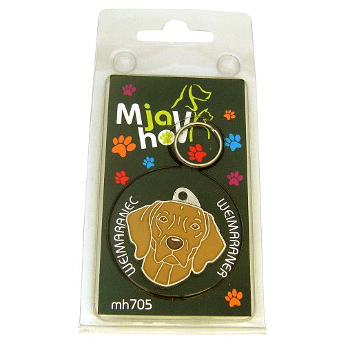 <h3>Custom personalized dog name tag Weimaraner brown</h3>
This unique, cute and quality dog id tag is offered with laser-engraved name and phone number or your custom text. It comes with a stainless steel split ring for easy attachment to your pet’s collar. All items are also available as keychains.
A perfect gift for dogs and dog lovers.

<strong>Color:</strong> colored/silver
<strong>Size:</strong> 30 x 31 mm (1.18 x 1.22 inch)
<strong>Engraving area:</strong> 20 x 12 mm (0.79 x 0.47 inch); recommended layout up to 4 lines, 15 characters per line.

Laser engraving on the back side is included in the price. Please enter the text you would like engraved (recommended: dog’s name and phone number). The engraving will be centered and easy to read. 
<strong>Important:</strong> If you exceed the recommended text length, the engraving will be significantly smaller and may become difficult to read. For best readability, we strongly recommend keeping the text short and clear.

Metal, chrome plated dog tag or key ring. 
Hand made, hand colored, made in Slovenia. 

In stock.

<h3>About the breed – Weimaraner brown</h3>
<section>
<h2>Weimaraner: Characteristics & Care</h2>
<p><strong>The Weimaraner</strong> (Weimaraner dog) is an elegant, energetic, and intelligent dog breed originating from Germany. It belongs to the <strong>FCI Group 7 (Pointing Dogs)</strong> and was originally bred as a versatile hunting dog. It is known for its short silver-gray coat, athletic body, and striking amber or blue eyes that give it a noble appearance.</p>
<h3>Temperament and Family Life</h3>
<p>Weimaraners are very loyal, affectionate, and strongly attached to their family, making them excellent companions for children and active owners. They are <strong>alert, protective, and intelligent</strong>, which makes them excellent watchdogs while remaining social and playful companions. Because of their high energy and need for human closeness, they thrive best in an active home with plenty of interaction.</p>
<h3>Physical Requirements & Exercise</h3>
<p>To live a healthy and happy life, a Weimaraner needs:</p>
<ul>
    <li><strong>Daily Exercise:</strong> Long walks, running, mental games, and intensive activity.</li>
    <li><strong>Environment:</strong> A spacious home and plenty of time with family and outdoors.</li>
    <li><strong>Grooming:</strong> Occasional brushing of the short, smooth <strong>single coat</strong> and regular ear care.</li>
</ul>
<p><strong>Pro Tip:</strong> A <strong>personalized engraved dog tag</strong> elegantly highlights the noble appearance of your Weimaraner while serving as a practical and stylish accessory.</p>
</section>
