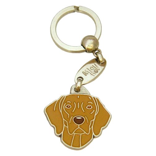 <h3>Custom personalized dog name tag Weimaraner brown</h3>
This unique, cute and quality dog id tag is offered with laser-engraved name and phone number or your custom text. It comes with a stainless steel split ring for easy attachment to your pet’s collar. All items are also available as keychains.
A perfect gift for dogs and dog lovers.

<strong>Color:</strong> colored/silver
<strong>Size:</strong> 30 x 31 mm (1.18 x 1.22 inch)
<strong>Engraving area:</strong> 20 x 12 mm (0.79 x 0.47 inch); recommended layout up to 4 lines, 15 characters per line.

Laser engraving on the back side is included in the price. Please enter the text you would like engraved (recommended: dog’s name and phone number). The engraving will be centered and easy to read. 
<strong>Important:</strong> If you exceed the recommended text length, the engraving will be significantly smaller and may become difficult to read. For best readability, we strongly recommend keeping the text short and clear.

Metal, chrome plated dog tag or key ring. 
Hand made, hand colored, made in Slovenia. 

In stock.

<h3>About the breed – Weimaraner brown</h3>
<section>
<h2>Weimaraner: Characteristics & Care</h2>
<p><strong>The Weimaraner</strong> (Weimaraner dog) is an elegant, energetic, and intelligent dog breed originating from Germany. It belongs to the <strong>FCI Group 7 (Pointing Dogs)</strong> and was originally bred as a versatile hunting dog. It is known for its short silver-gray coat, athletic body, and striking amber or blue eyes that give it a noble appearance.</p>
<h3>Temperament and Family Life</h3>
<p>Weimaraners are very loyal, affectionate, and strongly attached to their family, making them excellent companions for children and active owners. They are <strong>alert, protective, and intelligent</strong>, which makes them excellent watchdogs while remaining social and playful companions. Because of their high energy and need for human closeness, they thrive best in an active home with plenty of interaction.</p>
<h3>Physical Requirements & Exercise</h3>
<p>To live a healthy and happy life, a Weimaraner needs:</p>
<ul>
    <li><strong>Daily Exercise:</strong> Long walks, running, mental games, and intensive activity.</li>
    <li><strong>Environment:</strong> A spacious home and plenty of time with family and outdoors.</li>
    <li><strong>Grooming:</strong> Occasional brushing of the short, smooth <strong>single coat</strong> and regular ear care.</li>
</ul>
<p><strong>Pro Tip:</strong> A <strong>personalized engraved dog tag</strong> elegantly highlights the noble appearance of your Weimaraner while serving as a practical and stylish accessory.</p>
</section>

