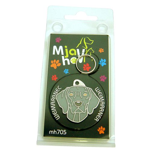 <h3>Custom personalized dog name tag Weimaraner</h3>
This unique, cute and quality dog id tag is offered with laser-engraved name and phone number or your custom text. It comes with a stainless steel split ring for easy attachment to your pet’s collar. All items are also available as keychains.
A perfect gift for dogs and dog lovers.

<strong>Color:</strong> colored/silver
<strong>Size:</strong> 30 x 31 mm (1.18 x 1.22 inch)
<strong>Engraving area:</strong> 20 x 12 mm (0.79 x 0.47 inch); recommended layout up to 4 lines, 15 characters per line.

Laser engraving on the back side is included in the price. Please enter the text you would like engraved (recommended: dog’s name and phone number). The engraving will be centered and easy to read. 
<strong>Important:</strong> If you exceed the recommended text length, the engraving will be significantly smaller and may become difficult to read. For best readability, we strongly recommend keeping the text short and clear.

Metal, chrome plated dog tag or key ring. 
Hand made, hand colored, made in Slovenia. 

In stock.

<h3>About the breed – Weimaraner</h3>
<section>
<h2>Weimaraner: Characteristics & Care</h2>
<p><strong>The Weimaraner</strong> (Weimaraner dog) is an elegant, energetic, and intelligent dog breed originating from Germany. It belongs to the <strong>FCI Group 7 (Pointing Dogs)</strong> and was originally bred as a versatile hunting dog. It is known for its short silver-gray coat, athletic body, and striking amber or blue eyes that give it a noble appearance.</p>
<h3>Temperament and Family Life</h3>
<p>Weimaraners are very loyal, affectionate, and strongly attached to their family, making them excellent companions for children and active owners. They are <strong>alert, protective, and intelligent</strong>, which makes them excellent watchdogs while remaining social and playful companions. Because of their high energy and need for human closeness, they thrive best in an active home with plenty of interaction.</p>
<h3>Physical Requirements & Exercise</h3>
<p>To live a healthy and happy life, a Weimaraner needs:</p>
<ul>
    <li><strong>Daily Exercise:</strong> Long walks, running, mental games, and intensive activity.</li>
    <li><strong>Environment:</strong> A spacious home and plenty of time with family and outdoors.</li>
    <li><strong>Grooming:</strong> Occasional brushing of the short, smooth <strong>single coat</strong> and regular ear care.</li>
</ul>
<p><strong>Pro Tip:</strong> A <strong>personalized engraved dog tag</strong> elegantly highlights the noble appearance of your Weimaraner while serving as a practical and stylish accessory.</p>
</section>
