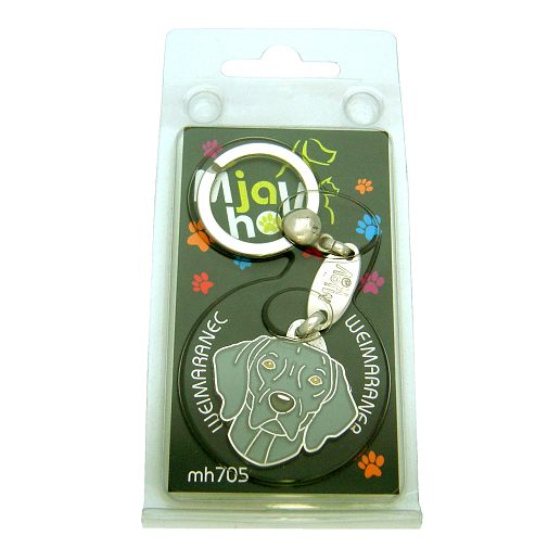 <h3>Custom personalized dog name tag Weimaraner</h3>
This unique, cute and quality dog id tag is offered with laser-engraved name and phone number or your custom text. It comes with a stainless steel split ring for easy attachment to your pet’s collar. All items are also available as keychains.
A perfect gift for dogs and dog lovers.

<strong>Color:</strong> colored/silver
<strong>Size:</strong> 30 x 31 mm (1.18 x 1.22 inch)
<strong>Engraving area:</strong> 20 x 12 mm (0.79 x 0.47 inch); recommended layout up to 4 lines, 15 characters per line.

Laser engraving on the back side is included in the price. Please enter the text you would like engraved (recommended: dog’s name and phone number). The engraving will be centered and easy to read. 
<strong>Important:</strong> If you exceed the recommended text length, the engraving will be significantly smaller and may become difficult to read. For best readability, we strongly recommend keeping the text short and clear.

Metal, chrome plated dog tag or key ring. 
Hand made, hand colored, made in Slovenia. 

In stock.

<h3>About the breed – Weimaraner</h3>
<section>
<h2>Weimaraner: Characteristics & Care</h2>
<p><strong>The Weimaraner</strong> (Weimaraner dog) is an elegant, energetic, and intelligent dog breed originating from Germany. It belongs to the <strong>FCI Group 7 (Pointing Dogs)</strong> and was originally bred as a versatile hunting dog. It is known for its short silver-gray coat, athletic body, and striking amber or blue eyes that give it a noble appearance.</p>
<h3>Temperament and Family Life</h3>
<p>Weimaraners are very loyal, affectionate, and strongly attached to their family, making them excellent companions for children and active owners. They are <strong>alert, protective, and intelligent</strong>, which makes them excellent watchdogs while remaining social and playful companions. Because of their high energy and need for human closeness, they thrive best in an active home with plenty of interaction.</p>
<h3>Physical Requirements & Exercise</h3>
<p>To live a healthy and happy life, a Weimaraner needs:</p>
<ul>
    <li><strong>Daily Exercise:</strong> Long walks, running, mental games, and intensive activity.</li>
    <li><strong>Environment:</strong> A spacious home and plenty of time with family and outdoors.</li>
    <li><strong>Grooming:</strong> Occasional brushing of the short, smooth <strong>single coat</strong> and regular ear care.</li>
</ul>
<p><strong>Pro Tip:</strong> A <strong>personalized engraved dog tag</strong> elegantly highlights the noble appearance of your Weimaraner while serving as a practical and stylish accessory.</p>
</section>
