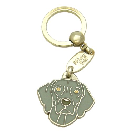 <h3>Custom personalized dog name tag Weimaraner</h3>
This unique, cute and quality dog id tag is offered with laser-engraved name and phone number or your custom text. It comes with a stainless steel split ring for easy attachment to your pet’s collar. All items are also available as keychains.
A perfect gift for dogs and dog lovers.

<strong>Color:</strong> colored/silver
<strong>Size:</strong> 30 x 31 mm (1.18 x 1.22 inch)
<strong>Engraving area:</strong> 20 x 12 mm (0.79 x 0.47 inch); recommended layout up to 4 lines, 15 characters per line.

Laser engraving on the back side is included in the price. Please enter the text you would like engraved (recommended: dog’s name and phone number). The engraving will be centered and easy to read. 
<strong>Important:</strong> If you exceed the recommended text length, the engraving will be significantly smaller and may become difficult to read. For best readability, we strongly recommend keeping the text short and clear.

Metal, chrome plated dog tag or key ring. 
Hand made, hand colored, made in Slovenia. 

In stock.

<h3>About the breed – Weimaraner</h3>
<section>
<h2>Weimaraner: Characteristics & Care</h2>
<p><strong>The Weimaraner</strong> (Weimaraner dog) is an elegant, energetic, and intelligent dog breed originating from Germany. It belongs to the <strong>FCI Group 7 (Pointing Dogs)</strong> and was originally bred as a versatile hunting dog. It is known for its short silver-gray coat, athletic body, and striking amber or blue eyes that give it a noble appearance.</p>
<h3>Temperament and Family Life</h3>
<p>Weimaraners are very loyal, affectionate, and strongly attached to their family, making them excellent companions for children and active owners. They are <strong>alert, protective, and intelligent</strong>, which makes them excellent watchdogs while remaining social and playful companions. Because of their high energy and need for human closeness, they thrive best in an active home with plenty of interaction.</p>
<h3>Physical Requirements & Exercise</h3>
<p>To live a healthy and happy life, a Weimaraner needs:</p>
<ul>
    <li><strong>Daily Exercise:</strong> Long walks, running, mental games, and intensive activity.</li>
    <li><strong>Environment:</strong> A spacious home and plenty of time with family and outdoors.</li>
    <li><strong>Grooming:</strong> Occasional brushing of the short, smooth <strong>single coat</strong> and regular ear care.</li>
</ul>
<p><strong>Pro Tip:</strong> A <strong>personalized engraved dog tag</strong> elegantly highlights the noble appearance of your Weimaraner while serving as a practical and stylish accessory.</p>
</section>

