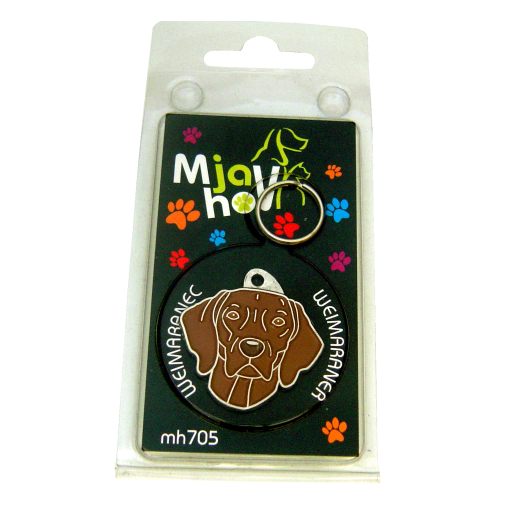 <h3>Custom personalized dog name tag Weimaraner dark brown</h3>
This unique, cute and quality dog id tag is offered with laser-engraved name and phone number or your custom text. It comes with a stainless steel split ring for easy attachment to your pet’s collar. All items are also available as keychains.
A perfect gift for dogs and dog lovers.

<strong>Color:</strong> colored/silver
<strong>Size:</strong> 30 x 31 mm (1.18 x 1.22 inch)
<strong>Engraving area:</strong> 20 x 12 mm (0.79 x 0.47 inch); recommended layout up to 4 lines, 15 characters per line.

Laser engraving on the back side is included in the price. Please enter the text you would like engraved (recommended: dog’s name and phone number). The engraving will be centered and easy to read. 
<strong>Important:</strong> If you exceed the recommended text length, the engraving will be significantly smaller and may become difficult to read. For best readability, we strongly recommend keeping the text short and clear.

Metal, chrome plated dog tag or key ring. 
Hand made, hand colored, made in Slovenia. 

In stock.

<h3>About the breed – Weimaraner dark brown</h3>
<section>
<h2>Weimaraner: Characteristics & Care</h2>
<p><strong>The Weimaraner</strong> (Weimaraner dog) is an elegant, energetic, and intelligent dog breed originating from Germany. It belongs to the <strong>FCI Group 7 (Pointing Dogs)</strong> and was originally bred as a versatile hunting dog. It is known for its short silver-gray coat, athletic body, and striking amber or blue eyes that give it a noble appearance.</p>
<h3>Temperament and Family Life</h3>
<p>Weimaraners are very loyal, affectionate, and strongly attached to their family, making them excellent companions for children and active owners. They are <strong>alert, protective, and intelligent</strong>, which makes them excellent watchdogs while remaining social and playful companions. Because of their high energy and need for human closeness, they thrive best in an active home with plenty of interaction.</p>
<h3>Physical Requirements & Exercise</h3>
<p>To live a healthy and happy life, a Weimaraner needs:</p>
<ul>
    <li><strong>Daily Exercise:</strong> Long walks, running, mental games, and intensive activity.</li>
    <li><strong>Environment:</strong> A spacious home and plenty of time with family and outdoors.</li>
    <li><strong>Grooming:</strong> Occasional brushing of the short, smooth <strong>single coat</strong> and regular ear care.</li>
</ul>
<p><strong>Pro Tip:</strong> A <strong>personalized engraved dog tag</strong> elegantly highlights the noble appearance of your Weimaraner while serving as a practical and stylish accessory.</p>
</section>
