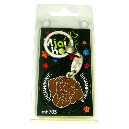 <h3>Custom personalized dog name tag Weimaraner dark brown</h3>
This unique, cute and quality dog id tag is offered with laser-engraved name and phone number or your custom text. It comes with a stainless steel split ring for easy attachment to your pet’s collar. All items are also available as keychains.
A perfect gift for dogs and dog lovers.

<strong>Color:</strong> colored/silver
<strong>Size:</strong> 30 x 31 mm (1.18 x 1.22 inch)
<strong>Engraving area:</strong> 20 x 12 mm (0.79 x 0.47 inch); recommended layout up to 4 lines, 15 characters per line.

Laser engraving on the back side is included in the price. Please enter the text you would like engraved (recommended: dog’s name and phone number). The engraving will be centered and easy to read. 
<strong>Important:</strong> If you exceed the recommended text length, the engraving will be significantly smaller and may become difficult to read. For best readability, we strongly recommend keeping the text short and clear.

Metal, chrome plated dog tag or key ring. 
Hand made, hand colored, made in Slovenia. 

In stock.

<h3>About the breed – Weimaraner dark brown</h3>
<section>
<h2>Weimaraner: Characteristics & Care</h2>
<p><strong>The Weimaraner</strong> (Weimaraner dog) is an elegant, energetic, and intelligent dog breed originating from Germany. It belongs to the <strong>FCI Group 7 (Pointing Dogs)</strong> and was originally bred as a versatile hunting dog. It is known for its short silver-gray coat, athletic body, and striking amber or blue eyes that give it a noble appearance.</p>
<h3>Temperament and Family Life</h3>
<p>Weimaraners are very loyal, affectionate, and strongly attached to their family, making them excellent companions for children and active owners. They are <strong>alert, protective, and intelligent</strong>, which makes them excellent watchdogs while remaining social and playful companions. Because of their high energy and need for human closeness, they thrive best in an active home with plenty of interaction.</p>
<h3>Physical Requirements & Exercise</h3>
<p>To live a healthy and happy life, a Weimaraner needs:</p>
<ul>
    <li><strong>Daily Exercise:</strong> Long walks, running, mental games, and intensive activity.</li>
    <li><strong>Environment:</strong> A spacious home and plenty of time with family and outdoors.</li>
    <li><strong>Grooming:</strong> Occasional brushing of the short, smooth <strong>single coat</strong> and regular ear care.</li>
</ul>
<p><strong>Pro Tip:</strong> A <strong>personalized engraved dog tag</strong> elegantly highlights the noble appearance of your Weimaraner while serving as a practical and stylish accessory.</p>
</section>
