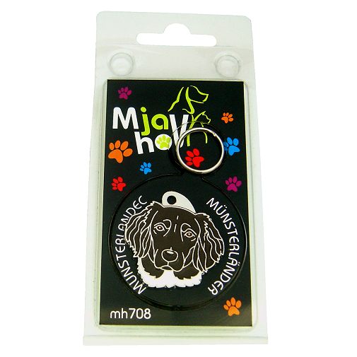 <h3>Custom personalized dog name tag Munsterländer brown</h3>
This unique, cute and quality dog id tag is offered with laser-engraved name and phone number or your custom text. It comes with a stainless steel split ring for easy attachment to your pet’s collar. All items are also available as keychains.
A perfect gift for dogs and dog lovers.

<strong>Color:</strong> colored/silver
<strong>Size:</strong> 32 x 32 mm (1.26 x 1.26 inch)
<strong>Engraving area:</strong> 21 x 17 mm (0.83 x 0.67 inch); recommended layout up to 4 lines, 15 characters per line.

Laser engraving on the back side is included in the price. Please enter the text you would like engraved (recommended: dog’s name and phone number). The engraving will be centered and easy to read. 
<strong>Important:</strong> If you exceed the recommended text length, the engraving will be significantly smaller and may become difficult to read. For best readability, we strongly recommend keeping the text short and clear.

Metal, chrome plated dog tag or key ring. 
Hand made, hand colored, made in Slovenia. 

In stock.

<h3>About the breed – Munsterländer brown</h3>
<section>
<h2>Münsterländer Dog Breed Profile: Characteristics & Care</h2>
<p>The <strong>Münsterländer</strong> (also known as Large Münsterländer or Small Münsterländer depending on the type) is a versatile, loyal, and impressive hunting breed known for its intelligence and elegant appearance. It belongs to the <strong>FCI Group 7 (Pointing Dogs)</strong>. Originally bred as a <strong>hunting dog</strong>, it excels in pointing, retrieving, and tracking with remarkable precision and endurance. Its distinctive black-and-white or brown-and-white coat and balanced build give it a refined yet athletic look.</p>
<h3>Temperament and Family Life</h3>
<p>Münsterländers are affectionate and devoted family dogs that are great with children and thrive in active households. They are <strong>alert, intelligent, and reliable</strong>, making them capable watchdogs while remaining friendly companions. Their strong willingness to work and please their owners makes them highly trainable. Energetic and persistent, they form deep bonds and enjoy being involved in daily family activities.</p>
<h3>Physical Requirements & Exercise</h3>
<p>To keep a Münsterländer healthy and happy, owners should provide:</p>
<ul>
    <li><strong>Daily Exercise:</strong> Plenty of activity including running, training, and outdoor exploration.</li>
    <li><strong>Space:</strong> A spacious and stimulating environment suited to their active nature.</li>
    <li><strong>Grooming:</strong> Regular brushing to maintain their medium-length coat.</li>
</ul>
<p><strong>Pro Tip:</strong> A <strong>personalized engraved dog tag</strong> is a stylish accessory that complements your Münsterländer’s elegant appearance while ensuring safety on every adventure.</p>
</section>
