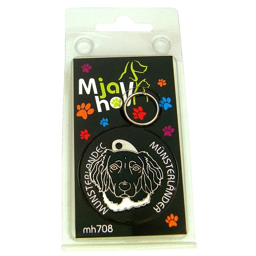 <h3>Custom personalized dog name tag Munsterländer</h3>
This unique, cute and quality dog id tag is offered with laser-engraved name and phone number or your custom text. It comes with a stainless steel split ring for easy attachment to your pet’s collar. All items are also available as keychains.
A perfect gift for dogs and dog lovers.

<strong>Color:</strong> colored/silver
<strong>Size:</strong> 32 x 32 mm (1.26 x 1.26 inch)
<strong>Engraving area:</strong> 21 x 17 mm (0.83 x 0.67 inch); recommended layout up to 4 lines, 15 characters per line.

Laser engraving on the back side is included in the price. Please enter the text you would like engraved (recommended: dog’s name and phone number). The engraving will be centered and easy to read. 
<strong>Important:</strong> If you exceed the recommended text length, the engraving will be significantly smaller and may become difficult to read. For best readability, we strongly recommend keeping the text short and clear.

Metal, chrome plated dog tag or key ring. 
Hand made, hand colored, made in Slovenia. 

In stock.

<h3>About the breed – Munsterländer</h3>
<section>
<h2>Münsterländer Dog Breed Profile: Characteristics & Care</h2>
<p>The <strong>Münsterländer</strong> (also known as Large Münsterländer or Small Münsterländer depending on the type) is a versatile, loyal, and impressive hunting breed known for its intelligence and elegant appearance. It belongs to the <strong>FCI Group 7 (Pointing Dogs)</strong>. Originally bred as a <strong>hunting dog</strong>, it excels in pointing, retrieving, and tracking with remarkable precision and endurance. Its distinctive black-and-white or brown-and-white coat and balanced build give it a refined yet athletic look.</p>
<h3>Temperament and Family Life</h3>
<p>Münsterländers are affectionate and devoted family dogs that are great with children and thrive in active households. They are <strong>alert, intelligent, and reliable</strong>, making them capable watchdogs while remaining friendly companions. Their strong willingness to work and please their owners makes them highly trainable. Energetic and persistent, they form deep bonds and enjoy being involved in daily family activities.</p>
<h3>Physical Requirements & Exercise</h3>
<p>To keep a Münsterländer healthy and happy, owners should provide:</p>
<ul>
    <li><strong>Daily Exercise:</strong> Plenty of activity including running, training, and outdoor exploration.</li>
    <li><strong>Space:</strong> A spacious and stimulating environment suited to their active nature.</li>
    <li><strong>Grooming:</strong> Regular brushing to maintain their medium-length coat.</li>
</ul>
<p><strong>Pro Tip:</strong> A <strong>personalized engraved dog tag</strong> is a stylish accessory that complements your Münsterländer’s elegant appearance while ensuring safety on every adventure.</p>
</section>
