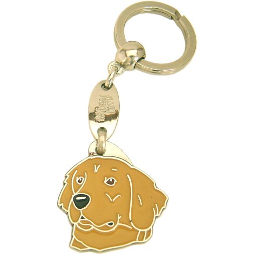 <h3>Custom personalized dog name tag Golden retriever dark gold</h3>
This unique, cute and quality dog id tag is offered with laser-engraved name and phone number or your custom text. It comes with a stainless steel split ring for easy attachment to your pet’s collar. All items are also available as keychains.
A perfect gift for dogs and dog lovers.

<strong>Color:</strong> colored/silver
<strong>Size:</strong> 32 x 33 mm (1.26 x 1.30 inch)
<strong>Engraving area:</strong> 21 x 20 mm (0.83 x 0.79 inch); recommended layout up to 4 lines, 15 characters per line.

Laser engraving on the back side is included in the price. Please enter the text you would like engraved (recommended: dog’s name and phone number). The engraving will be centered and easy to read. 
<strong>Important:</strong> If you exceed the recommended text length, the engraving will be significantly smaller and may become difficult to read. For best readability, we strongly recommend keeping the text short and clear.

Metal, chrome plated dog tag or key ring. 
Hand made, hand colored, made in Slovenia. 

In stock.

<h3>About the breed – Golden retriever dark gold</h3>
<section>
<h2>Golden Retriever Dog Breed Profile: Characteristics & Care</h2>
<p>The <strong>Golden Retriever</strong> is a friendly, intelligent, and impressive sporting breed known for its beautiful golden coat and gentle expression. It belongs to the <strong>FCI Group 8 (Retrievers, Flushing Dogs, and Water Dogs)</strong>. Originally bred as a <strong>retrieving dog</strong>, it excels in fetching game with a soft mouth, strong swimming ability, and outstanding reliability. Its water-repellent double coat and natural eagerness to please make it both versatile and highly trainable.</p>
<h3>Temperament and Family Life</h3>
<p>Golden Retrievers are affectionate family dogs that are excellent with children and thrive in active households. They are <strong>friendly, alert, and dependable</strong>, making them approachable watchdogs while remaining gentle and welcoming. Their sociable and patient nature makes them ideal companions for families and individuals alike. Active and persistent, they bring warmth, joy, and a sense of companionship into every home.</p>
<h3>Physical Requirements & Exercise</h3>
<p>To keep a Golden Retriever healthy and happy, owners should provide:</p>
<ul>
    <li><strong>Daily Exercise:</strong> Regular walks, playtime, and swimming activities.</li>
    <li><strong>Space:</strong> A comfortable environment with room to move and explore.</li>
    <li><strong>Grooming:</strong> Regular brushing to maintain their thick <strong>double coat</strong>.</li>
</ul>
<p><strong>Pro Tip:</strong> A <strong>personalized engraved dog tag</strong> is a stylish accessory that complements your Golden Retriever’s elegant appearance while ensuring safety on every adventure.</p>
</section>
