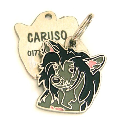 <h3>Custom personalized dog name tag Chinese crested dog black</h3>
This unique, cute and quality dog id tag is offered with laser-engraved name and phone number or your custom text. It comes with a stainless steel split ring for easy attachment to your pet’s collar. All items are also available as keychains.
A perfect gift for dogs and dog lovers.

<strong>Color:</strong> colored/silver
<strong>Size:</strong> 29 x 33 mm (1.14 x 1.30 inch)
<strong>Engraving area:</strong> 20 x 16 mm (0.79 x 0.63 inch); recommended layout up to 4 lines, 15 characters per line.

Laser engraving on the back side is included in the price. Please enter the text you would like engraved (recommended: dog’s name and phone number). The engraving will be centered and easy to read. 
<strong>Important:</strong> If you exceed the recommended text length, the engraving will be significantly smaller and may become difficult to read. For best readability, we strongly recommend keeping the text short and clear.

Metal, chrome plated dog tag or key ring. 
Hand made, hand colored, made in Slovenia. 

In stock.

<h3>About the breed – Chinese crested dog black</h3>
<section>
<h2>Chinese Crested Dog Breed Profile: Characteristics & Care</h2>
<p>The <strong>Chinese Crested</strong> (also known as Chinese Crested Dog) is a unique, elegant, and affectionate companion breed admired for its distinctive appearance. It belongs to the <strong>FCI Group 9 (Companion and Toy Dogs)</strong>. Known for its special varieties—<strong>Hairless</strong> and <strong>Powderpuff</strong>—this breed stands out with its smooth skin or soft, flowing coat. Originally bred as a companion, it is highly adaptable and thrives in close contact with its owners.</p>
<h3>Temperament and Family Life</h3>
<p>Chinese Cresteds are loving family dogs that bond deeply with their owners and are good with children in calm environments. They are <strong>alert, gentle, and affectionate</strong>, making them charming watchdogs while remaining friendly and sociable. Their sensitive and people-oriented nature makes them loyal companions who enjoy attention and closeness. Playful and lively, they bring warmth and joy into everyday life.</p>
<h3>Physical Requirements & Exercise</h3>
<p>To keep a Chinese Crested healthy and happy, owners should provide:</p>
<ul>
<li><strong>Daily Exercise:</strong> Light to moderate activity, including play and short walks.</li>
<li><strong>Space:</strong> A cozy home environment with close human interaction.</li>
<li><strong>Grooming:</strong> Skin care for hairless types or regular brushing for Powderpuffs.</li>
</ul>
<p><strong>Pro Tip:</strong> A <strong>personalized engraved dog tag</strong> is a stylish accessory that highlights your Chinese Crested’s unique charm while ensuring safety on every outing.</p>
</section>
