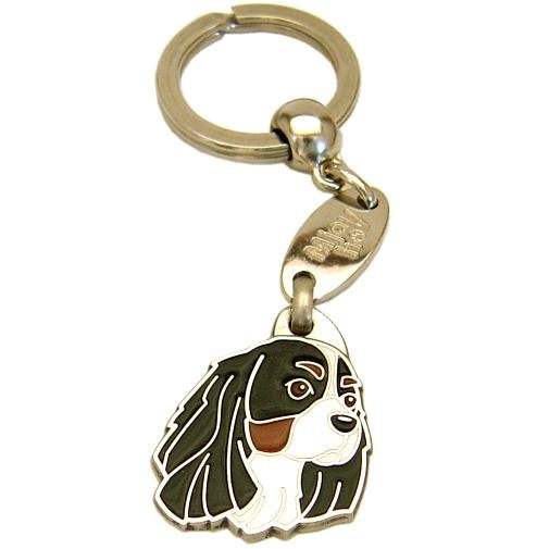 <h3>Custom personalized dog name tag Cavalier king charles spaniel tricolor</h3>
This unique, cute and quality dog id tag is offered with laser-engraved name and phone number or your custom text. It comes with a stainless steel split ring for easy attachment to your pet’s collar. All items are also available as keychains.
A perfect gift for dogs and dog lovers.

<strong>Color:</strong> colored/silver
<strong>Size:</strong> 24 x 33 mm (0.94 x 1.30 inch)
<strong>Engraving area:</strong> 18 x 17 mm (0.71 x 0.67 inch); recommended layout up to 4 lines, 15 characters per line.

Laser engraving on the back side is included in the price. Please enter the text you would like engraved (recommended: dog’s name and phone number). The engraving will be centered and easy to read. 
<strong>Important:</strong> If you exceed the recommended text length, the engraving will be significantly smaller and may become difficult to read. For best readability, we strongly recommend keeping the text short and clear.

Metal, chrome plated dog tag or key ring. 
Hand made, hand colored, made in Slovenia. 

In stock.

<h3>About the breed – Cavalier king charles spaniel tricolor</h3>
<section>
<h2>Cavalier King Charles Spaniel: Characteristics & Care</h2>
<p>The <strong>Cavalier King Charles Spaniel</strong> is a small, elegant, and affectionate dog breed originating from Great Britain. It belongs to the <strong>FCI Group 9 (Companion and Toy Dogs)</strong>. Bred as a <strong>family companion</strong> and a favorite of nobility, it is known for its gentle expression, long ears, and silky, slightly wavy coat.</p>
<h3>Temperament and Family Life</h3>
<p>Cavaliers are extremely loving family dogs, excellent with children and strongly attached to their owners. They are <strong>alert, social, and intelligent</strong>, which allows them to act as gentle little watchdogs while remaining friendly toward strangers. Their calm, playful, and adaptable nature makes them ideal for both active families and quieter lifestyles.</p>
<h3>Physical Requirements & Exercise</h3>
<p>To live a healthy and happy life, a Cavalier King Charles Spaniel needs:</p>
<ul>
    <li><strong>Daily Exercise:</strong> Moderate activity, playtime, and regular walks.</li>
    <li><strong>Environment:</strong> A warm home and constant closeness to family.</li>
    <li><strong>Grooming:</strong> Regular brushing of the long, silky <strong>coat</strong> and ear care.</li>
</ul>
<p><strong>Pro Tip:</strong> A <strong>personalized engraved dog tag</strong> beautifully highlights the refined and charming appearance of your Cavalier while serving as a stylish and practical accessory.</p>
</section>
