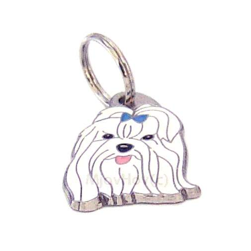 <h3>Custom personalized dog name tag Maltese blue</h3>
This unique, cute and quality dog id tag is offered with laser-engraved name and phone number or your custom text. It comes with a stainless steel split ring for easy attachment to your pet’s collar. All items are also available as keychains.
A perfect gift for dogs and dog lovers.

<strong>Color:</strong> colored/silver
<strong>Size:</strong> 24 x 33 mm (0.94 x 1.30 inch)
<strong>Engraving area:</strong> 19 x 15 mm (0.75 x 0.59 inch); recommended layout up to 4 lines, 15 characters per line.

Laser engraving on the back side is included in the price. Please enter the text you would like engraved (recommended: dog’s name and phone number). The engraving will be centered and easy to read. 
<strong>Important:</strong> If you exceed the recommended text length, the engraving will be significantly smaller and may become difficult to read. For best readability, we strongly recommend keeping the text short and clear.

Metal, chrome plated dog tag or key ring. 
Hand made, hand colored, made in Slovenia. 

In stock.

<h3>About the breed – Maltese blue</h3>
<section>
<h2>Maltese Dog Breed Profile: Characteristics & Care</h2>
<p>The <strong>Maltese</strong> (also known as Maltese dog) is a small, elegant, and affectionate companion breed admired for its beauty and charm. It belongs to the <strong>FCI Group 9 (Companion and Toy Dogs)</strong>. Originally bred as a <strong>companion dog</strong>, it is known for its lively personality, graceful appearance, and strong bond with its owners. Its long, silky white coat and expressive dark eyes give it a truly distinctive and impressive look.</p>
<h3>Temperament and Family Life</h3>
<p>Maltese dogs are loving family companions that thrive on human interaction and are generally very good with children when treated gently. They are <strong>alert and attentive</strong>, making them surprisingly effective little watchdogs despite their size. Their playful and <strong>persistent nature</strong> keeps them active and engaged, while their affectionate temperament makes them ideal for both families and individuals.</p>
<h3>Physical Requirements & Exercise</h3>
<p>To keep a Maltese healthy and happy, owners should consider the following:</p>
<ul>
    <li><strong>Daily Exercise:</strong> Moderate activity such as short walks and playtime indoors or outdoors.</li>
    <li><strong>Space:</strong> Adapts well to apartment living but enjoys a safe space to explore.</li>
    <li><strong>Grooming:</strong> Regular brushing is essential to maintain its long <strong>silky coat</strong> and prevent tangles.</li>
</ul>
<p><strong>Pro Tip:</strong> A <strong>personalized engraved dog tag</strong> is a stylish and practical accessory that beautifully complements the elegant appearance of your Maltese.</p>
</section>
