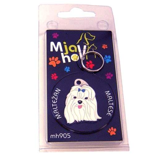 <h3>Custom personalized dog name tag Maltese blue</h3>
This unique, cute and quality dog id tag is offered with laser-engraved name and phone number or your custom text. It comes with a stainless steel split ring for easy attachment to your pet’s collar. All items are also available as keychains.
A perfect gift for dogs and dog lovers.

<strong>Color:</strong> colored/silver
<strong>Size:</strong> 24 x 33 mm (0.94 x 1.30 inch)
<strong>Engraving area:</strong> 19 x 15 mm (0.75 x 0.59 inch); recommended layout up to 4 lines, 15 characters per line.

Laser engraving on the back side is included in the price. Please enter the text you would like engraved (recommended: dog’s name and phone number). The engraving will be centered and easy to read. 
<strong>Important:</strong> If you exceed the recommended text length, the engraving will be significantly smaller and may become difficult to read. For best readability, we strongly recommend keeping the text short and clear.

Metal, chrome plated dog tag or key ring. 
Hand made, hand colored, made in Slovenia. 

In stock.

<h3>About the breed – Maltese blue</h3>
<section>
<h2>Maltese Dog Breed Profile: Characteristics & Care</h2>
<p>The <strong>Maltese</strong> (also known as Maltese dog) is a small, elegant, and affectionate companion breed admired for its beauty and charm. It belongs to the <strong>FCI Group 9 (Companion and Toy Dogs)</strong>. Originally bred as a <strong>companion dog</strong>, it is known for its lively personality, graceful appearance, and strong bond with its owners. Its long, silky white coat and expressive dark eyes give it a truly distinctive and impressive look.</p>
<h3>Temperament and Family Life</h3>
<p>Maltese dogs are loving family companions that thrive on human interaction and are generally very good with children when treated gently. They are <strong>alert and attentive</strong>, making them surprisingly effective little watchdogs despite their size. Their playful and <strong>persistent nature</strong> keeps them active and engaged, while their affectionate temperament makes them ideal for both families and individuals.</p>
<h3>Physical Requirements & Exercise</h3>
<p>To keep a Maltese healthy and happy, owners should consider the following:</p>
<ul>
    <li><strong>Daily Exercise:</strong> Moderate activity such as short walks and playtime indoors or outdoors.</li>
    <li><strong>Space:</strong> Adapts well to apartment living but enjoys a safe space to explore.</li>
    <li><strong>Grooming:</strong> Regular brushing is essential to maintain its long <strong>silky coat</strong> and prevent tangles.</li>
</ul>
<p><strong>Pro Tip:</strong> A <strong>personalized engraved dog tag</strong> is a stylish and practical accessory that beautifully complements the elegant appearance of your Maltese.</p>
</section>
