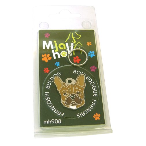<h3>Custom personalized dog name tag French bulldog brown</h3>
This unique, cute and quality dog id tag is offered with laser-engraved name and phone number or your custom text. It comes with a stainless steel split ring for easy attachment to your pet’s collar. All items are also available as keychains.
A perfect gift for dogs and dog lovers.

<strong>Color:</strong> colored/silver
<strong>Size:</strong> 27 x 30 mm (1.06 x 1.18 inch)
<strong>Engraving area:</strong> 16 x 16 mm (0.63 x 0.63 inch); recommended layout up to 4 lines, 12 characters per line.

Laser engraving on the back side is included in the price. Please enter the text you would like engraved (recommended: dog’s name and phone number). The engraving will be centered and easy to read. 
<strong>Important:</strong> If you exceed the recommended text length, the engraving will be significantly smaller and may become difficult to read. For best readability, we strongly recommend keeping the text short and clear.

Metal, chrome plated dog tag or key ring. 
Hand made, hand colored, made in Slovenia. 

In stock.

<h3>About the breed – French bulldog brown</h3>
<section>
<h2>French Bulldog (Bouledogue Français): Characteristics & Care</h2>
<p><strong>French Bulldog</strong> (French Bulldog, Bouledogue Français) is a small, muscular, and highly popular dog breed originating from France. It belongs to the <strong>FCI Group 9 (Companion and Toy Dogs)</strong>. It was bred as a <strong>family companion</strong>, known for its distinctive “bat-like” ears, short muzzle, and short <strong>smooth coat</strong>.</p>
<h3>Temperament and Family Life</h3>
<p>French Bulldogs are very affectionate, playful, and strongly attached to their owners, making them excellent family dogs that get along well with children. They are <strong>alert, social, and adaptable</strong>, which makes them pleasant companions and reliable small watchdogs, although they are not aggressive. Their relaxed and entertaining nature is ideal for apartment living and close human companionship.</p>
<h3>Physical Requirements & Exercise</h3>
<p>To live a healthy and happy life, a French Bulldog needs:</p>
<ul>
    <li><strong>Daily Exercise:</strong> Short walks and moderate play without excessive strain.</li>
    <li><strong>Environment:</strong> Indoor living and protection from heat due to sensitive breathing.</li>
    <li><strong>Grooming:</strong> Regular brushing of the short <strong>smooth coat</strong> and cleaning of facial folds.</li>
</ul>
<p><strong>Pro Tip:</strong> A personalized engraved dog tag is an elegant and practical accessory that highlights the unique appearance of your French Bulldog while ensuring its safety.</p>
</section>
